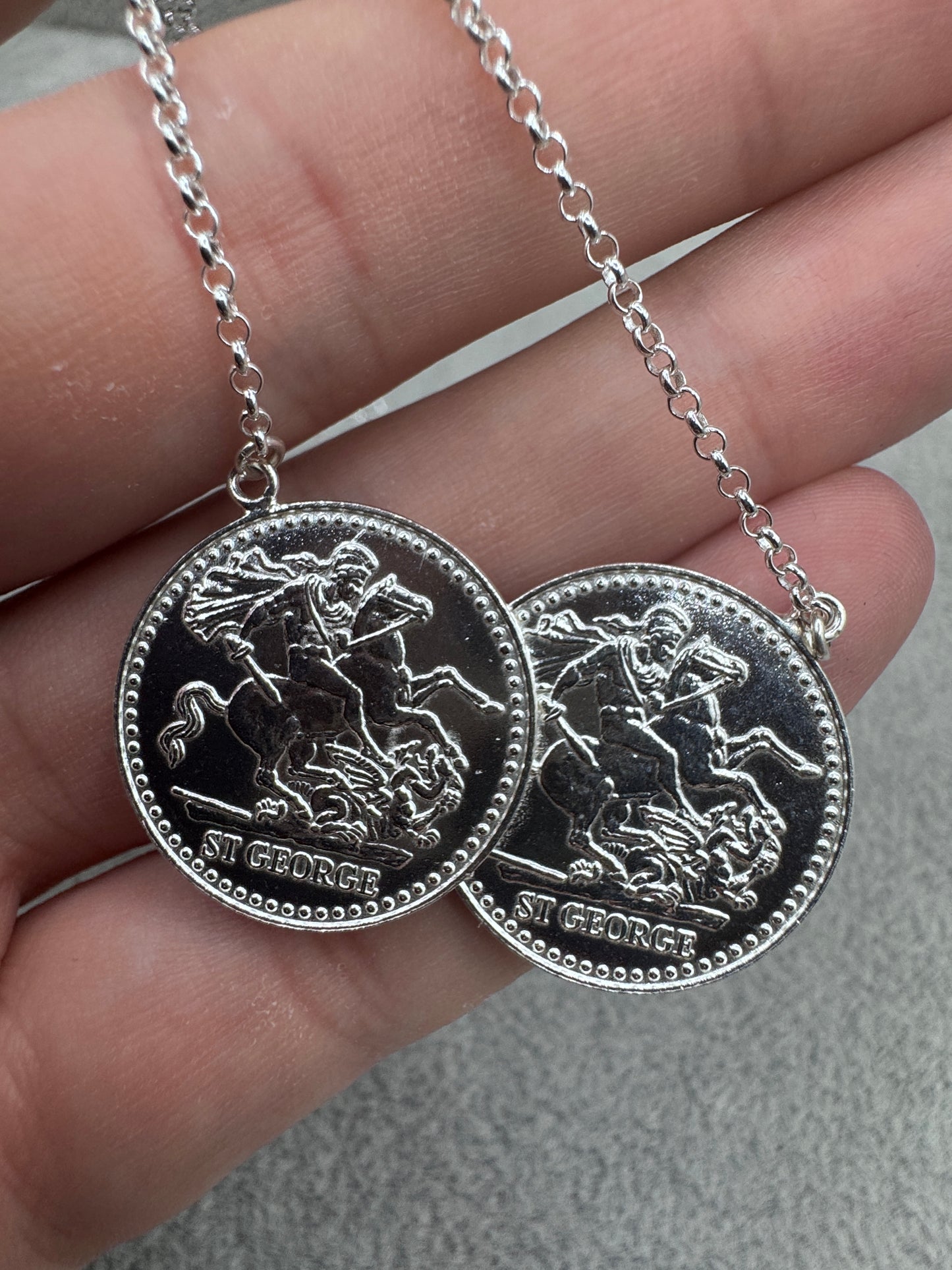 Sterling Silver Double St. George Coin Pendant w/ Micro Belcher Chain