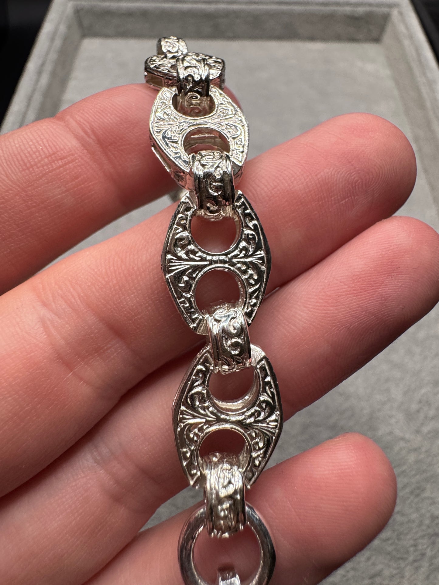 Sterling Silver Patterned Button Link Bracelet 12mm