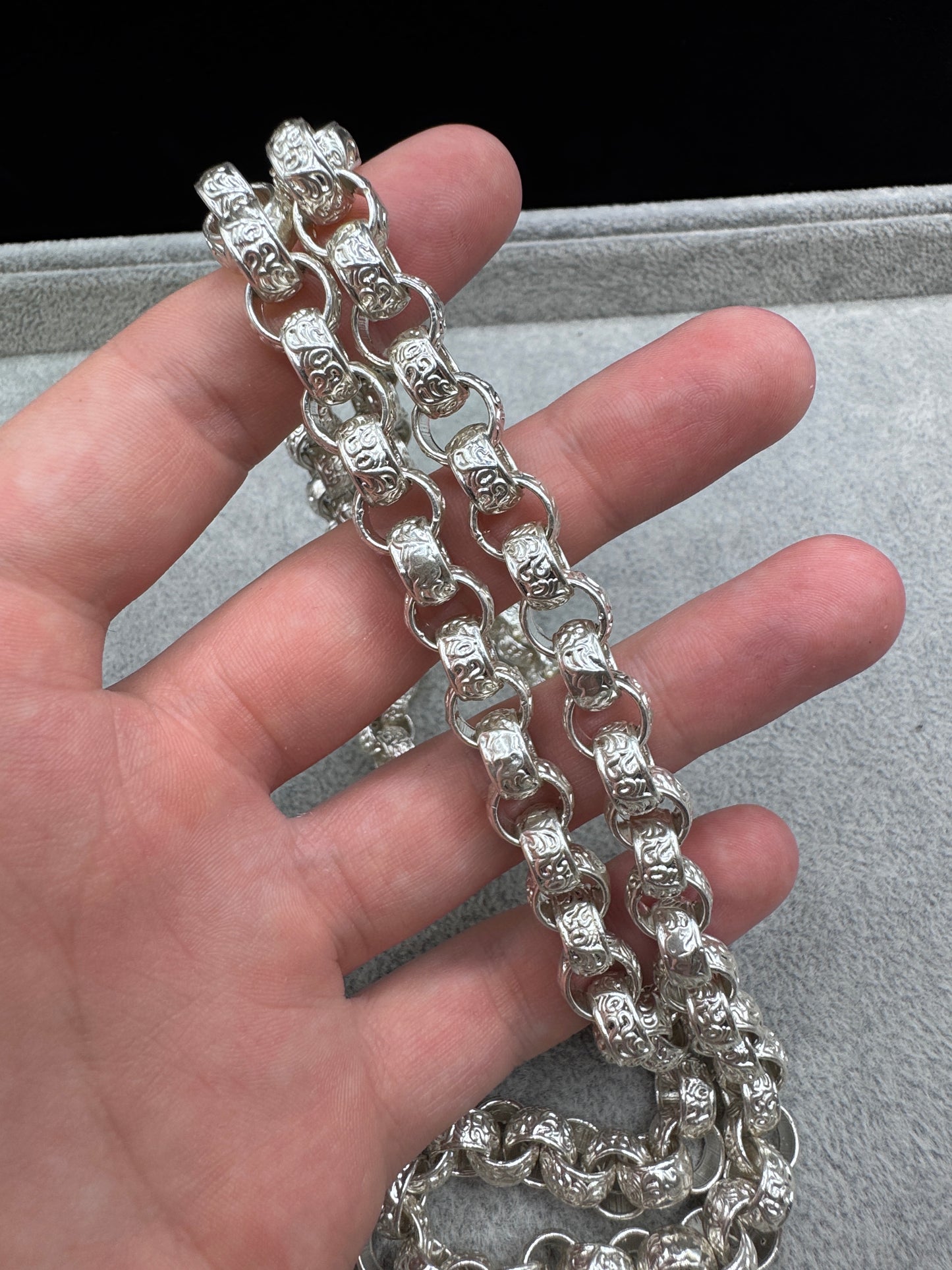 Sterling Silver Patterned Belcher Chain Necklace 10mm