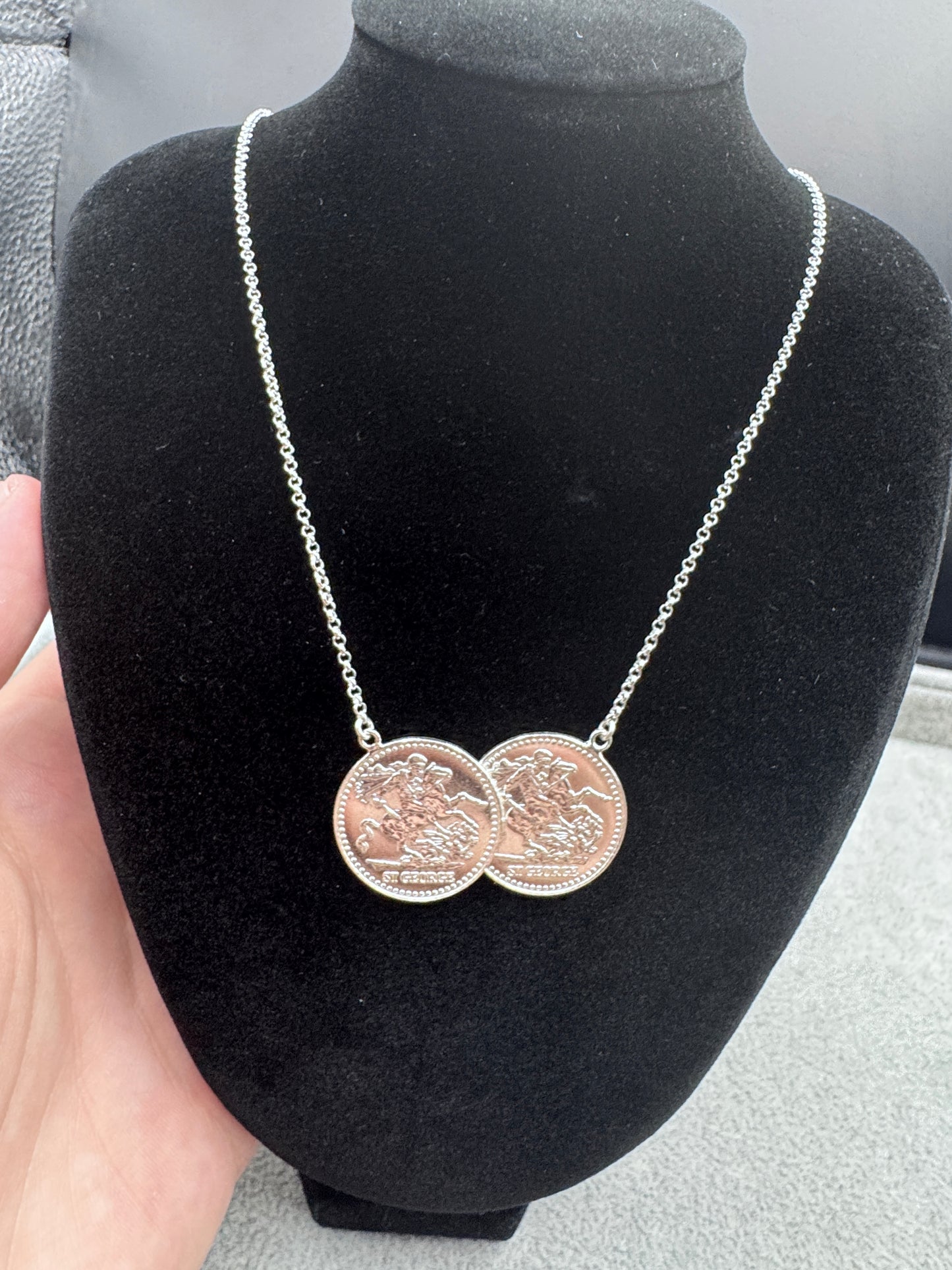 Sterling Silver Double St. George Coin Pendant w/ Micro Belcher Chain