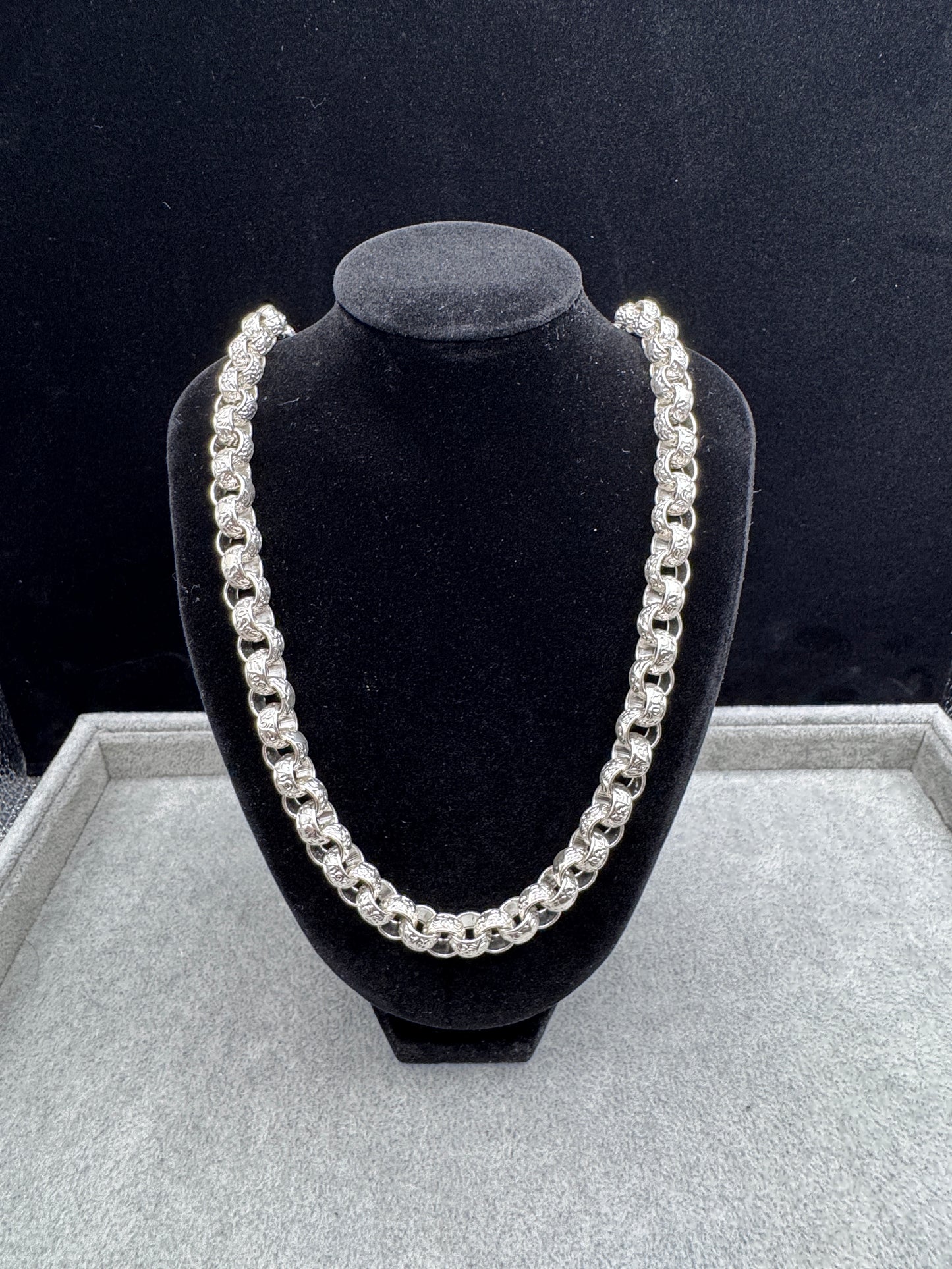Sterling Silver Patterned Belcher Chain Necklace 10mm
