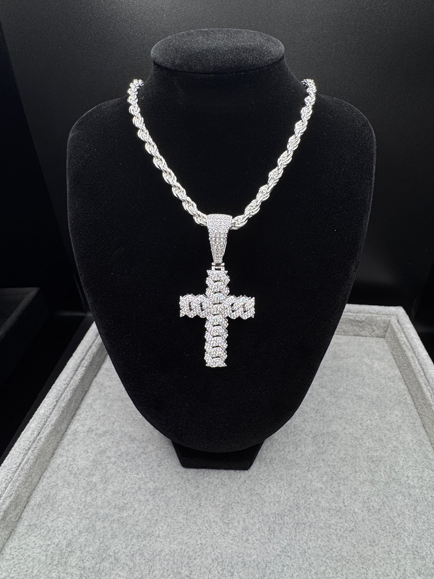 Sterling Silver CZ Cuban Link Cross