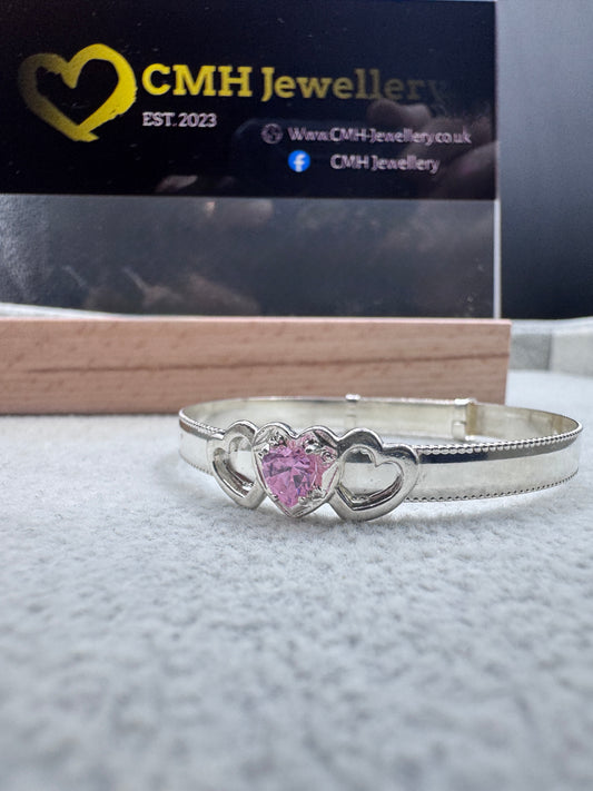 Sterling Silver Baby/Childs Pink Cz Heart Bangle