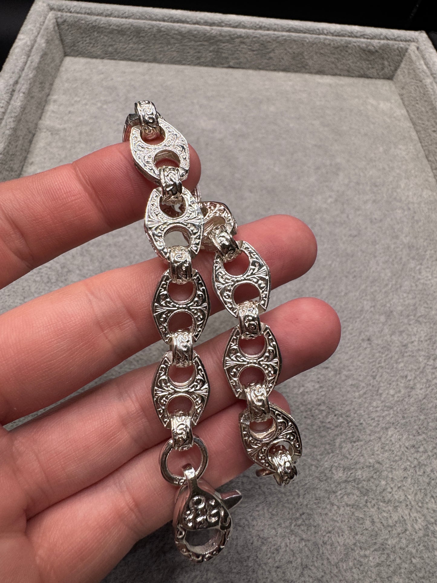 Sterling Silver Patterned Button Link Bracelet 12mm