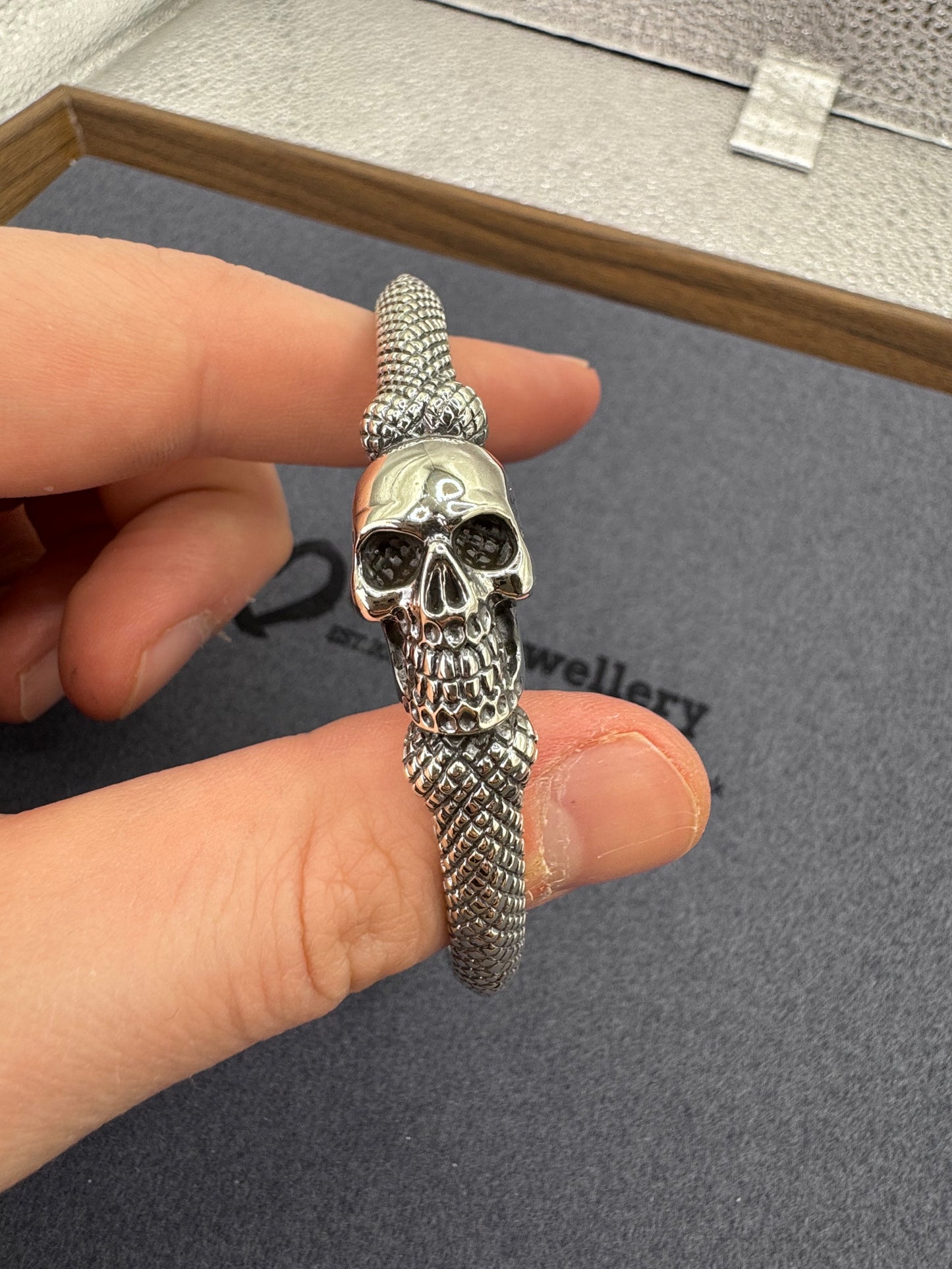 Sterling Silver Patterned Skull Bangle 63mm