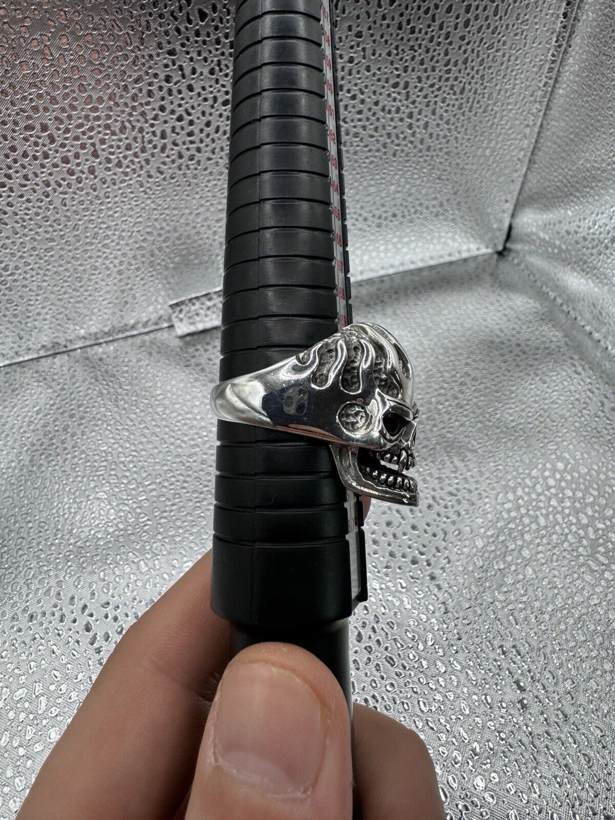 Sterling Silver Flaming Skull Ring With Red Stone Eyes