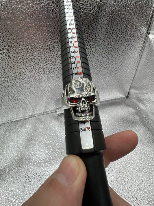 Sterling Silver Flaming Skull Ring With Red Stone Eyes