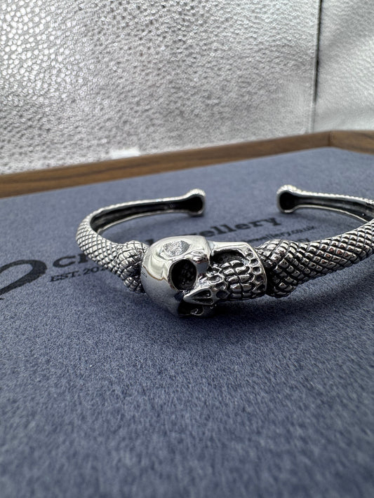 Sterling Silver Patterned Skull Bangle 63mm