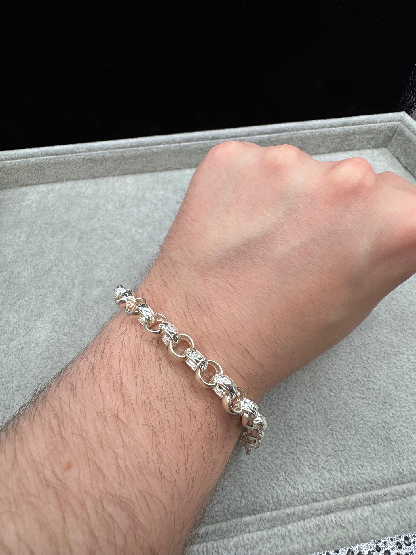 Sterling Silver Patterned and Plain Belcher Bracelet 8mm