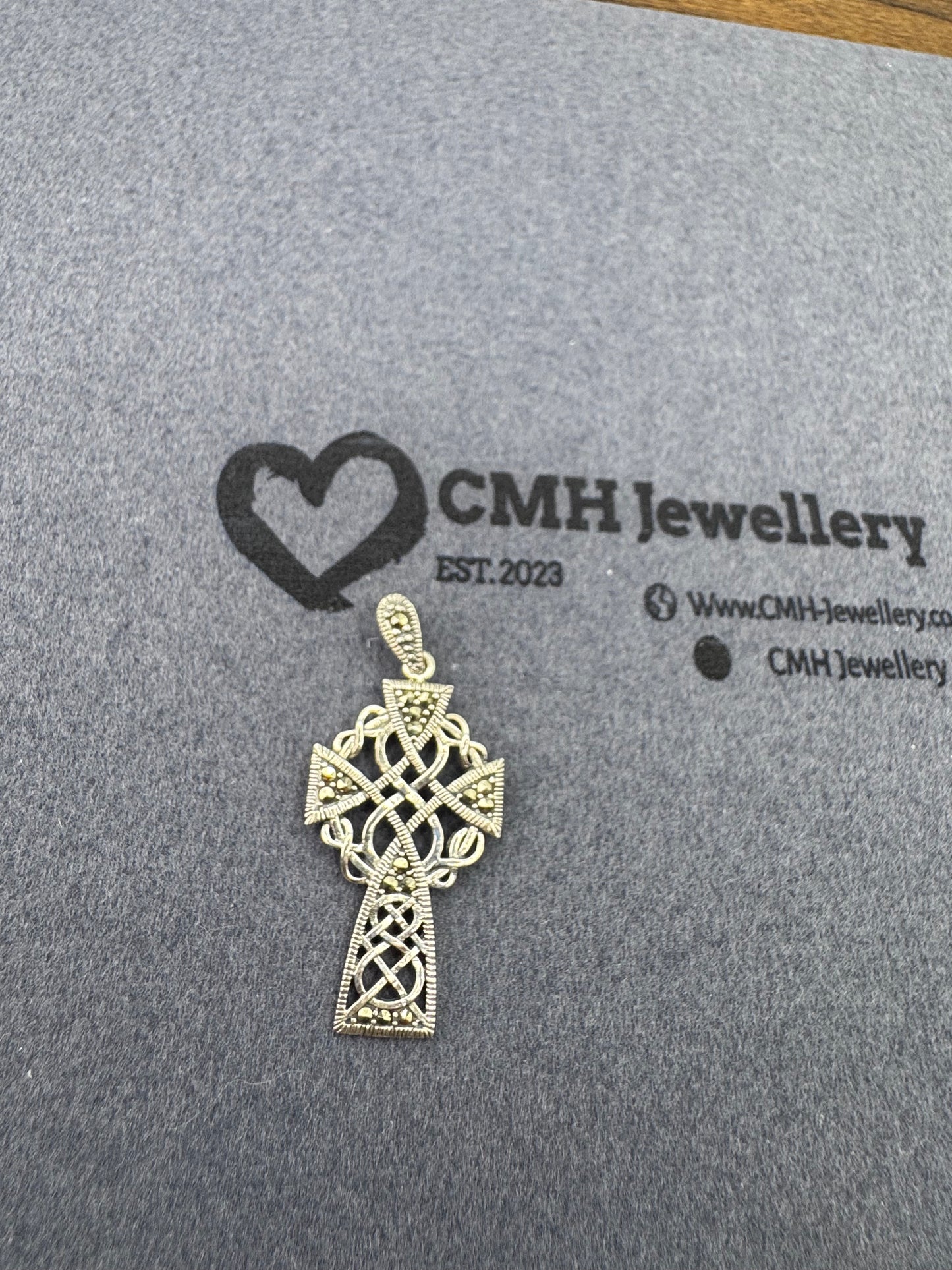 Sterling Silver Marcasite Cross w/Black CZ 38.5mm