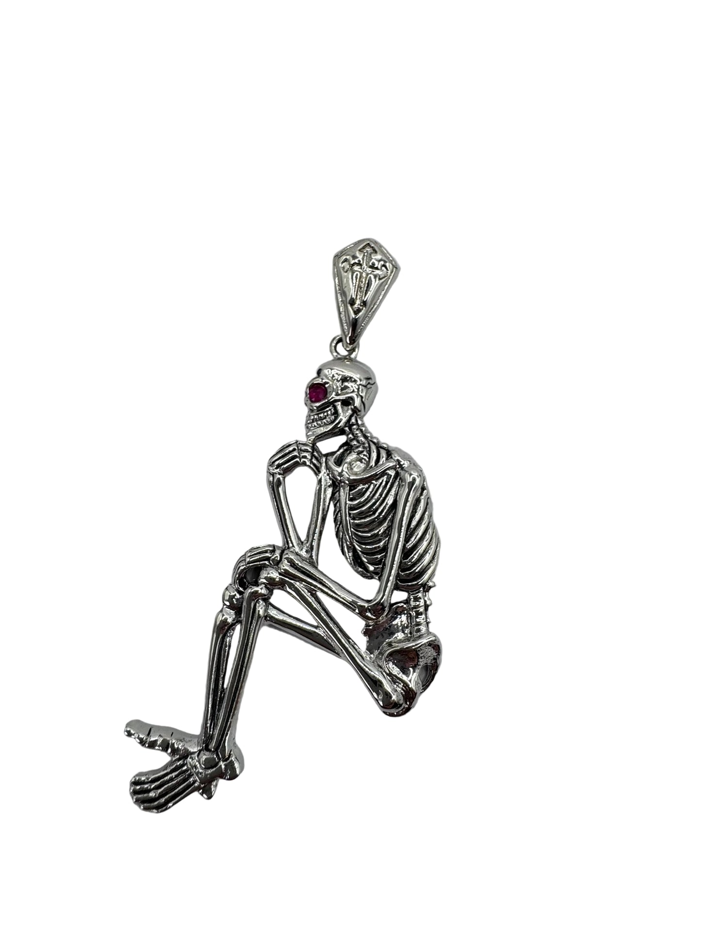Sterling Silver Sitting Skeleton Pendant w/Ruby Eye