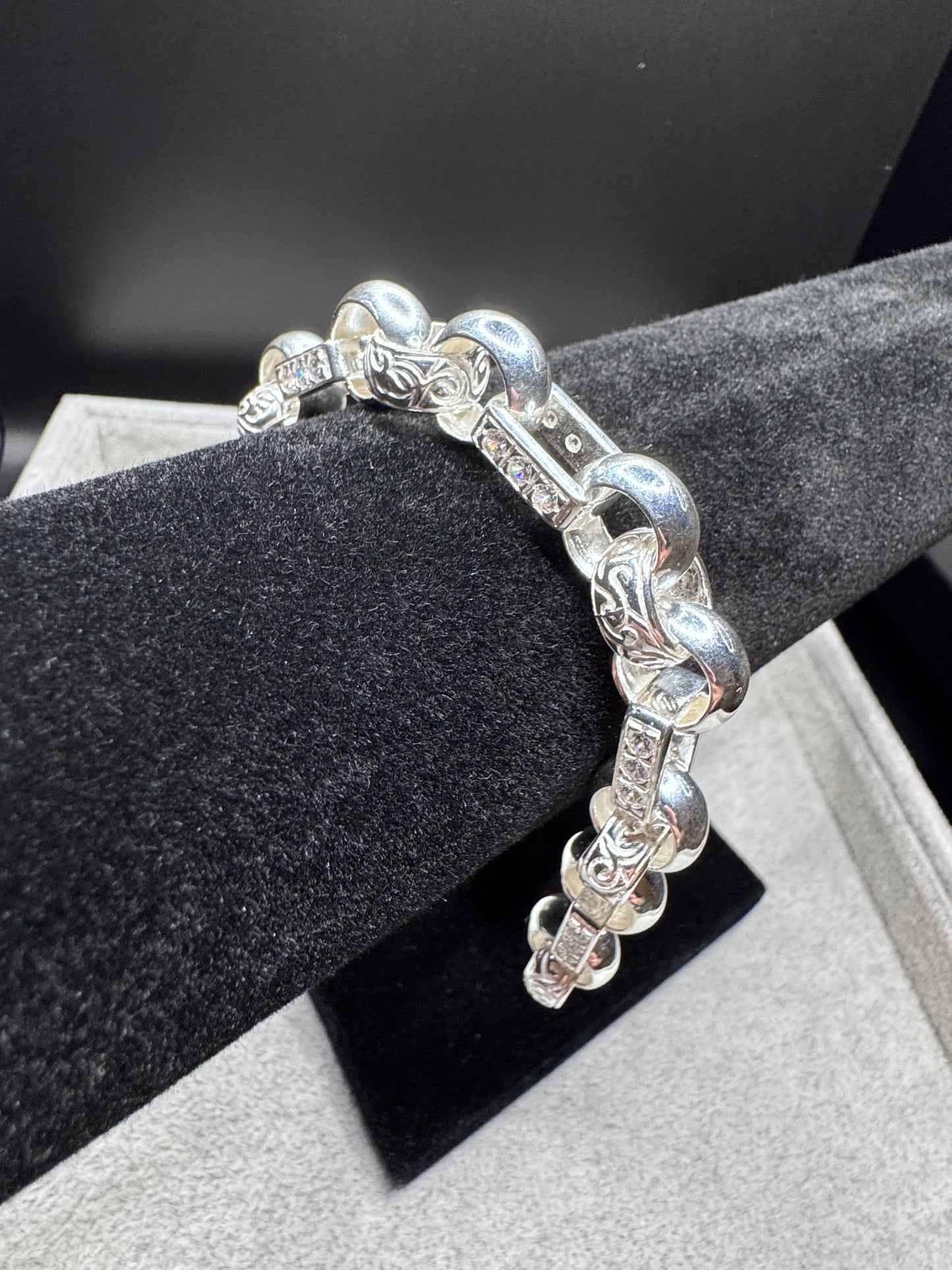 Sterling silver CZ Gypsy link belcher bracelet