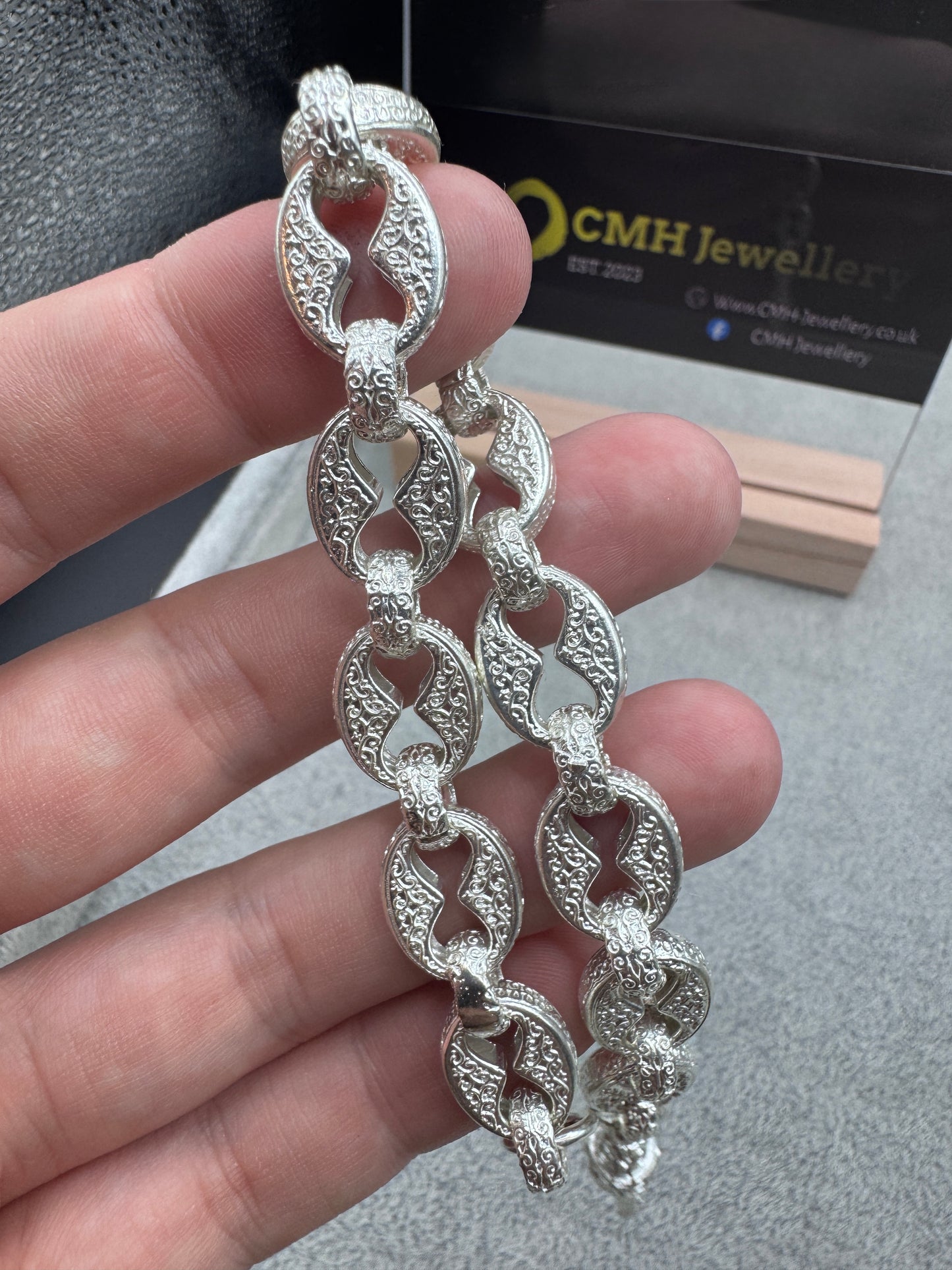 Sterling Silver Patterned Button Link Bracelet 12mm