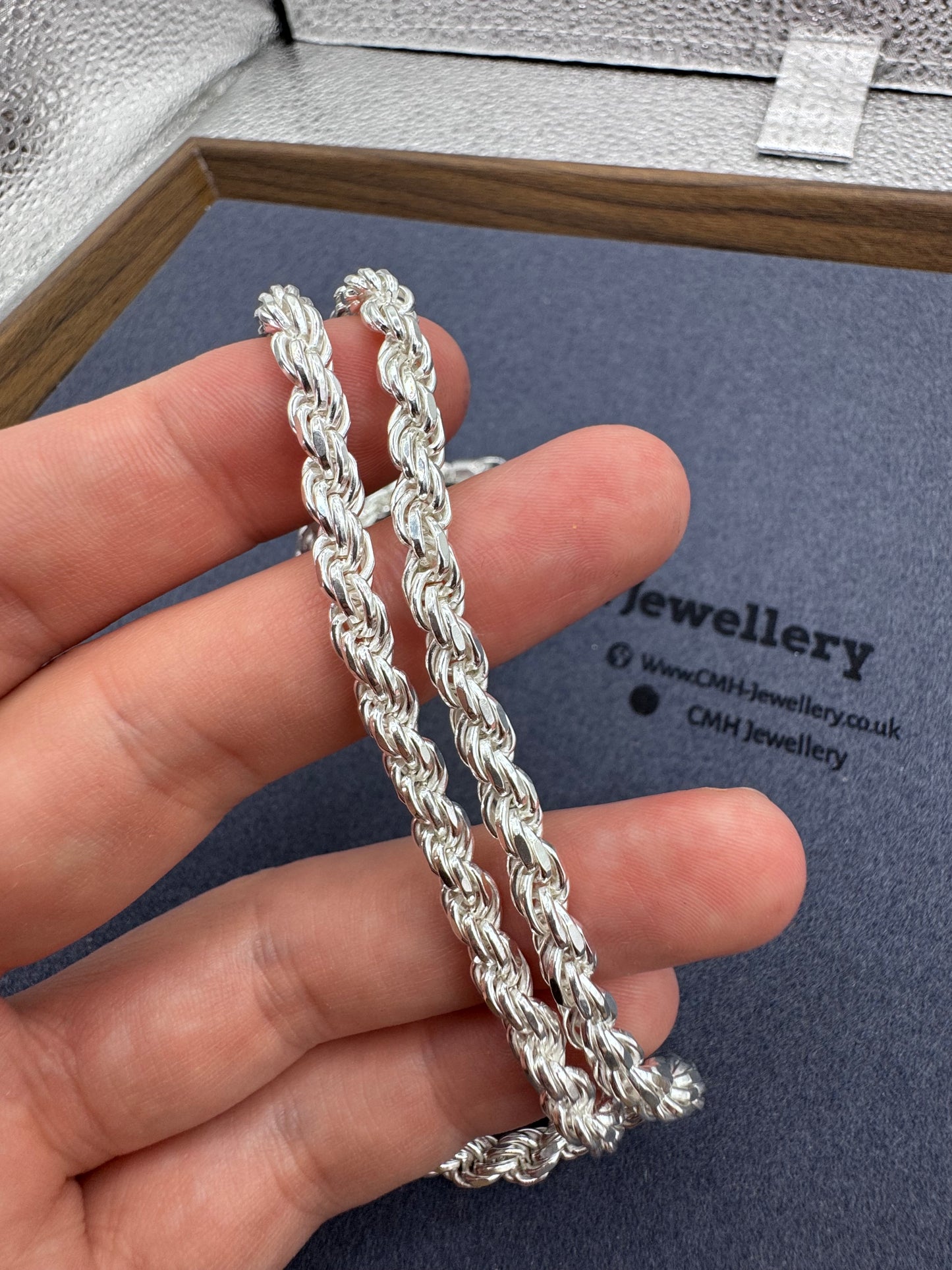 Sterling Silver Diamond Cut Rope Chain Necklace 5mm