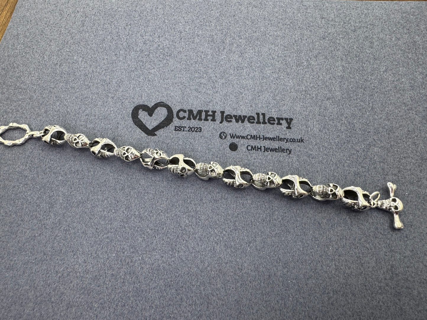 Sterling Silver Skull Link T-Bar Bracelet 10.25mm