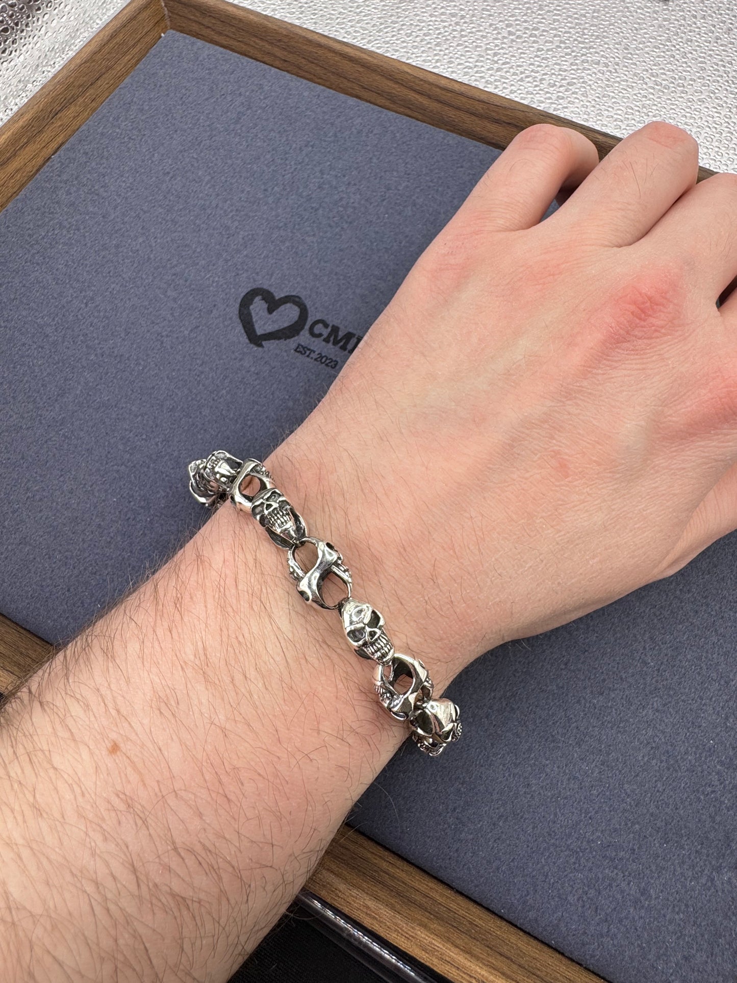 Sterling Silver Skull Link T-Bar Bracelet 10.25mm