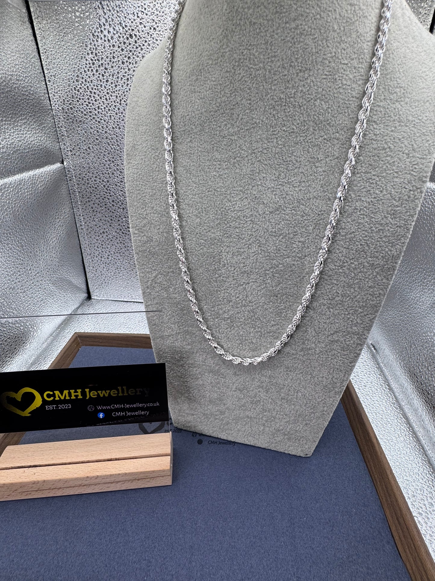 Sterling Silver Diamond Cut Rope Chain Necklace 5mm