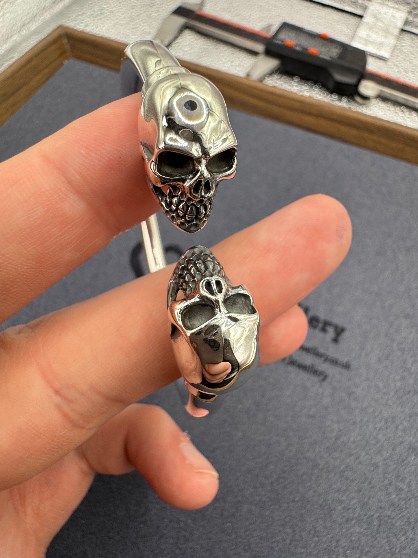 Sterling Silver Large Double Skull Bangle 61mm