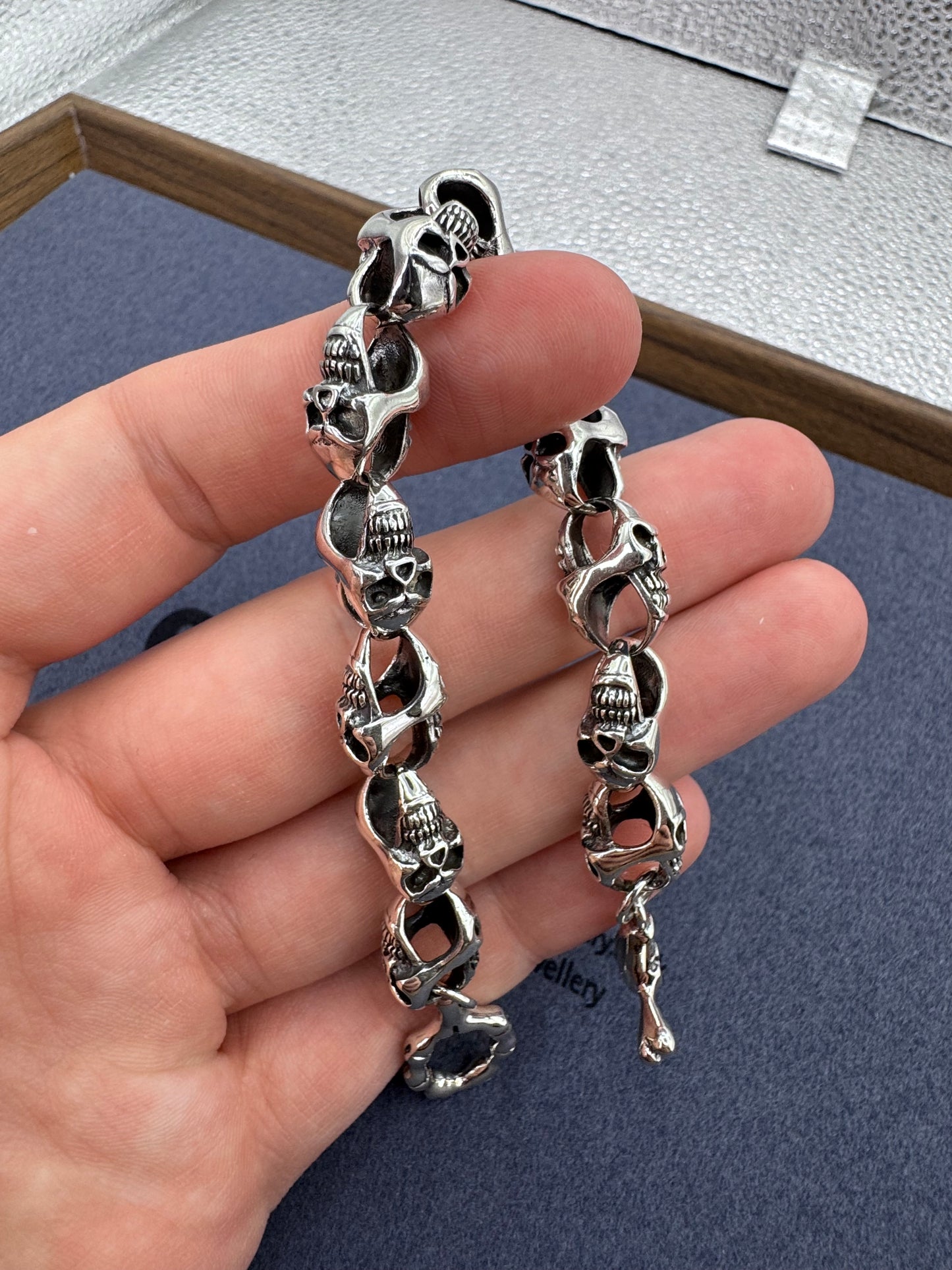 Sterling Silver Skull Link T-Bar Bracelet 10.25mm