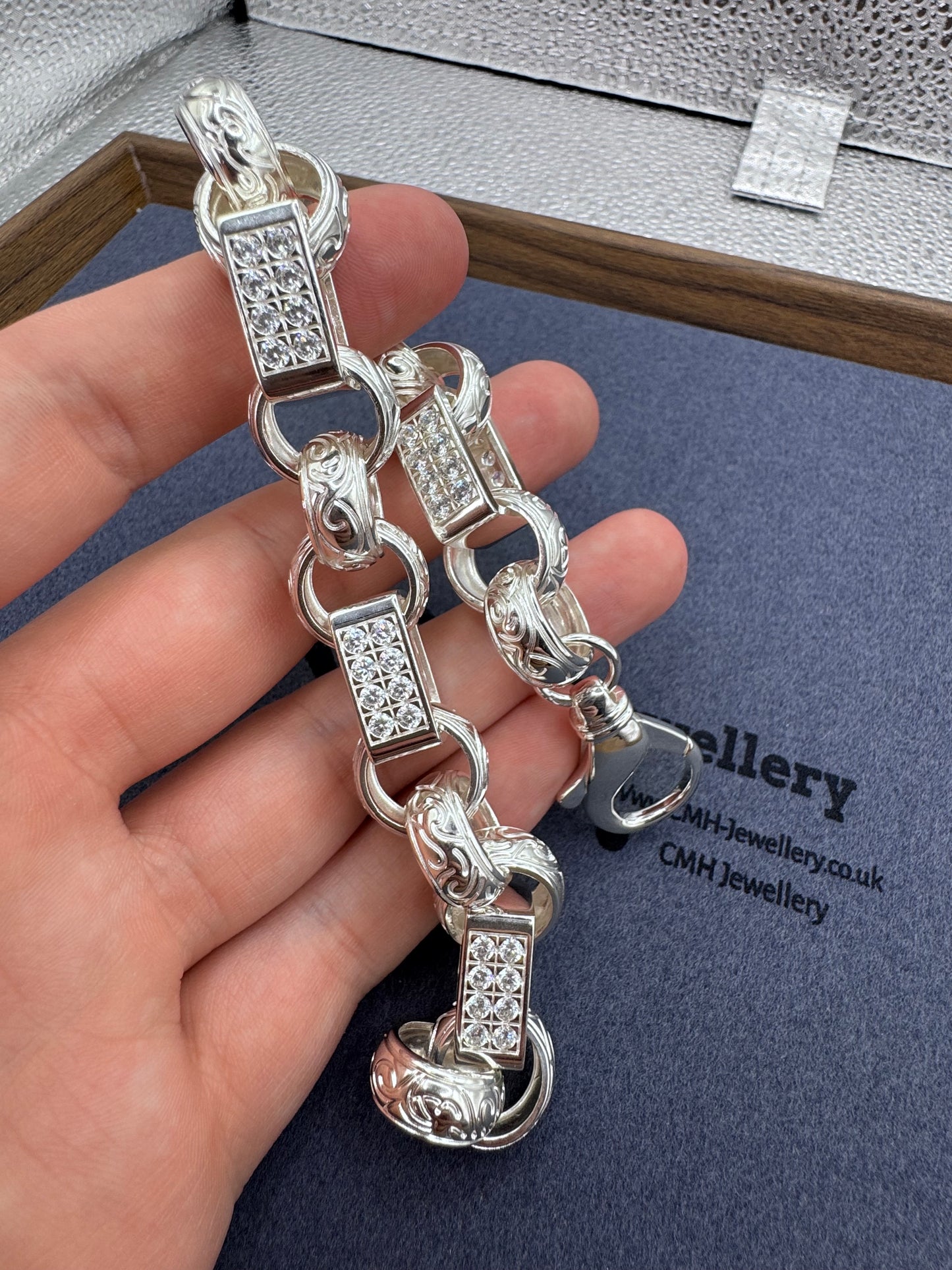 Sterling Silver XL CZ Gypsy Belcher Bracelet 15mm