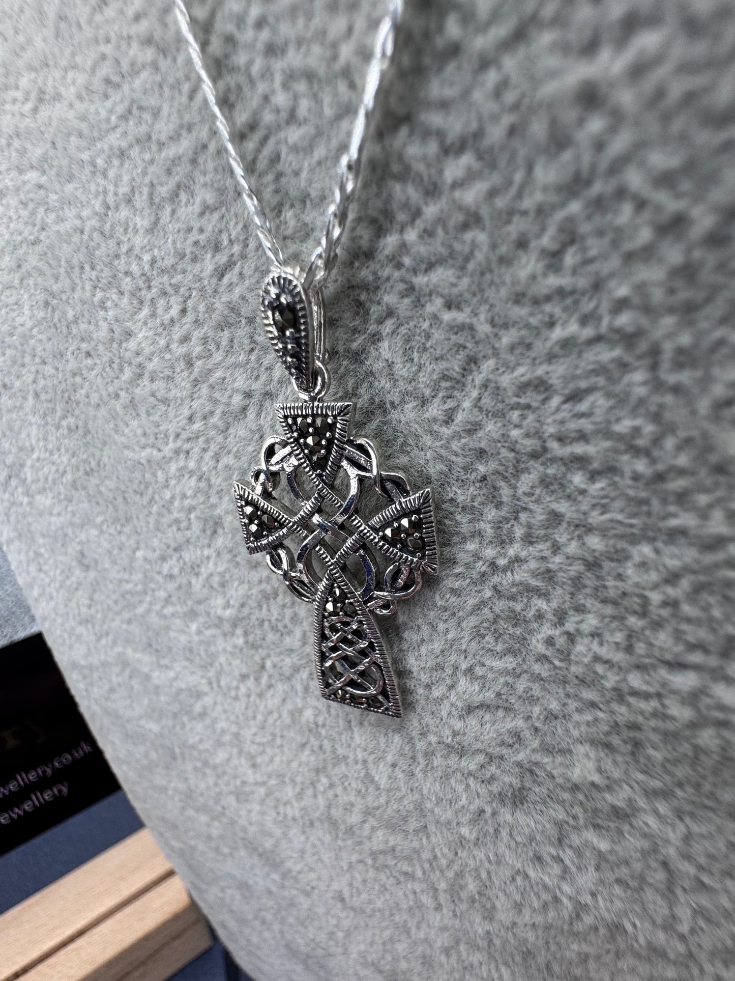 Sterling Silver Marcasite Cross w/Black CZ 38.5mm