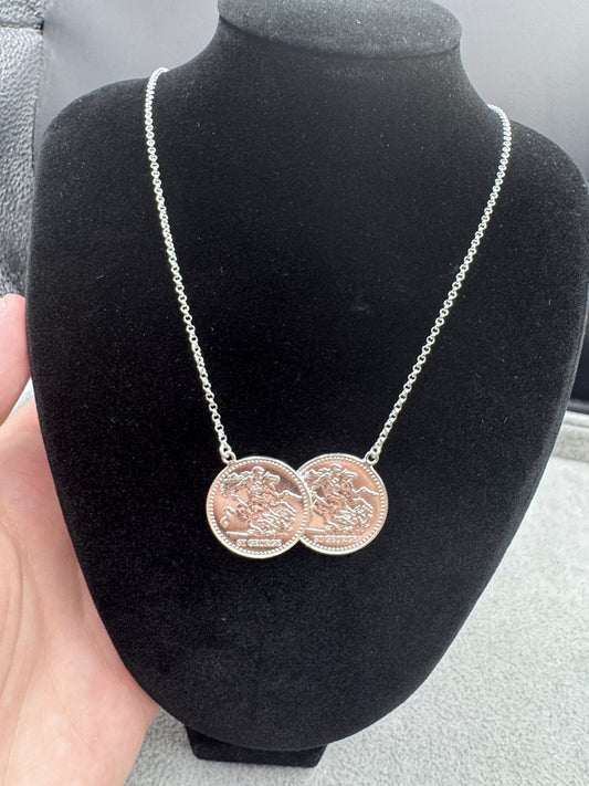 Sterling Silver Double St. George Coin Pendant w/ Micro Belcher Chain
