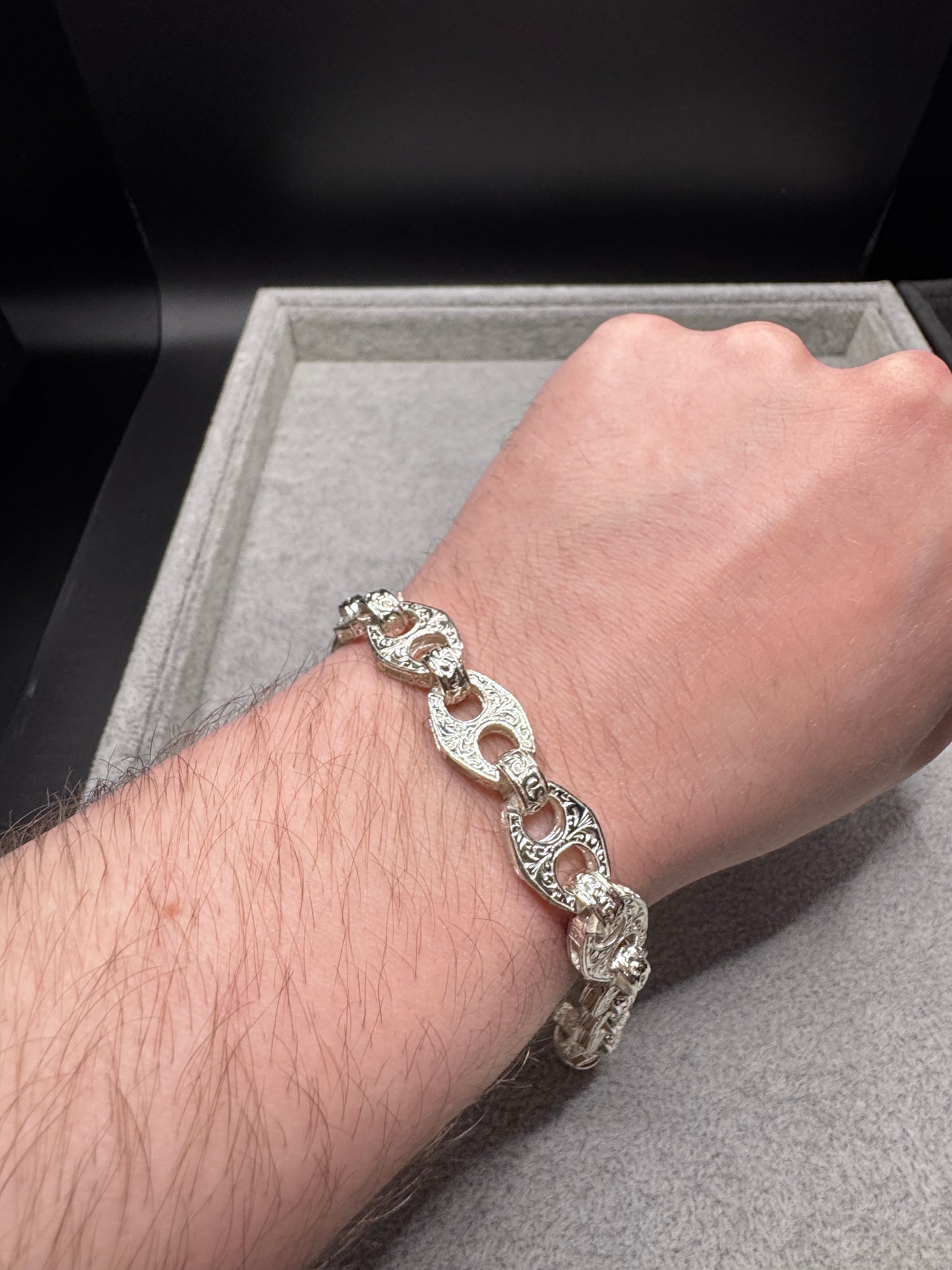 Sterling Silver Patterned Button Link Bracelet 12mm