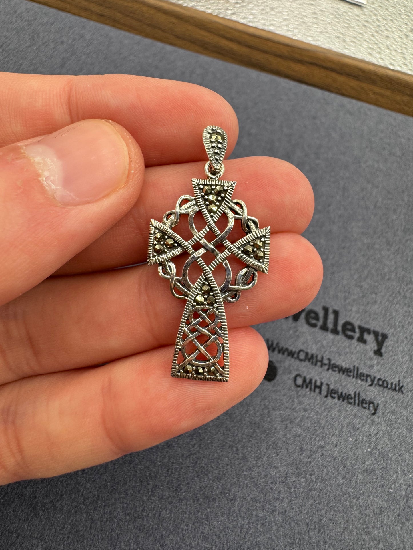 Sterling Silver Marcasite Cross w/Black CZ 38.5mm