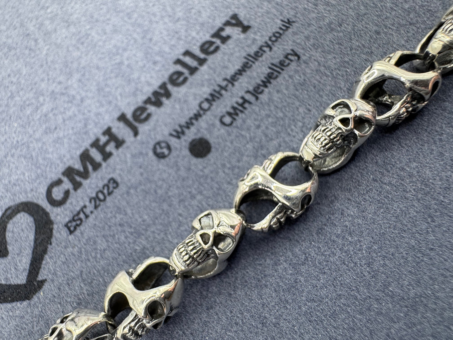 Sterling Silver Skull Link T-Bar Bracelet 10.25mm