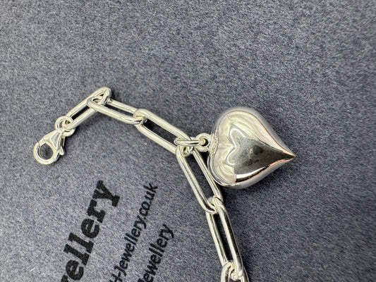 Sterling Silver Ladies Lightweight Paperclip Bracelet w/ Heart Charm