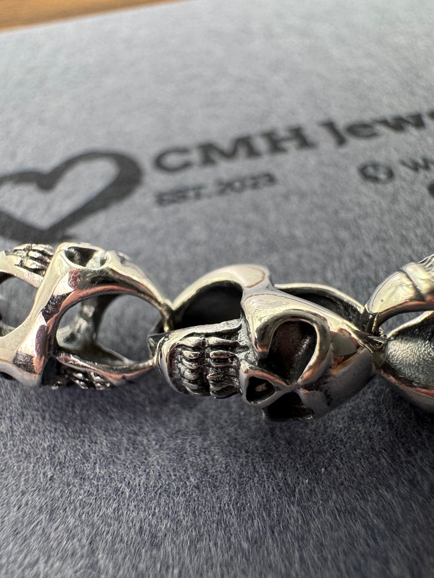 Sterling Silver Skull Link T-Bar Bracelet 10.25mm