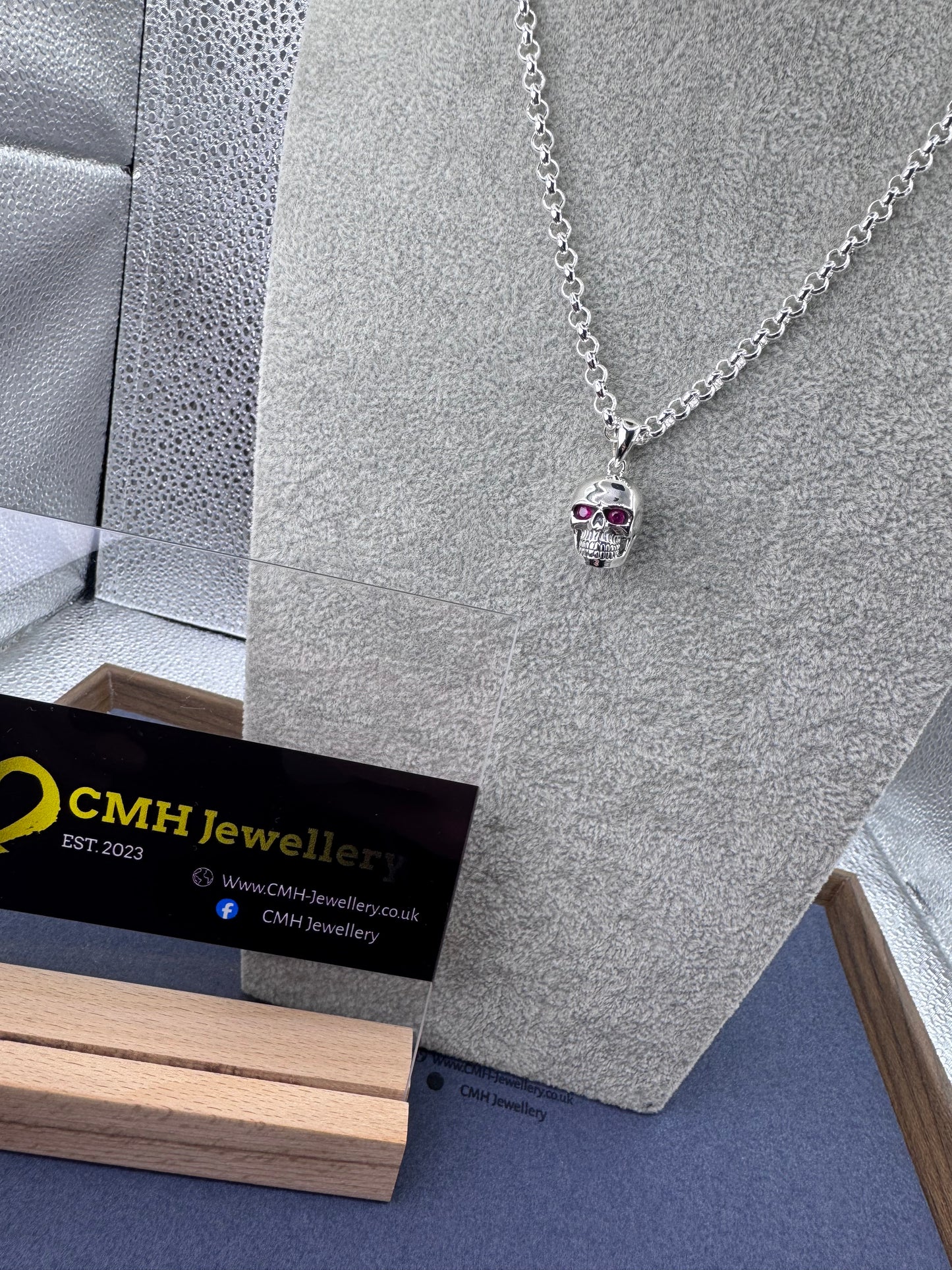 Sterling Silver Skull Pendant w/ Ruby Eyes