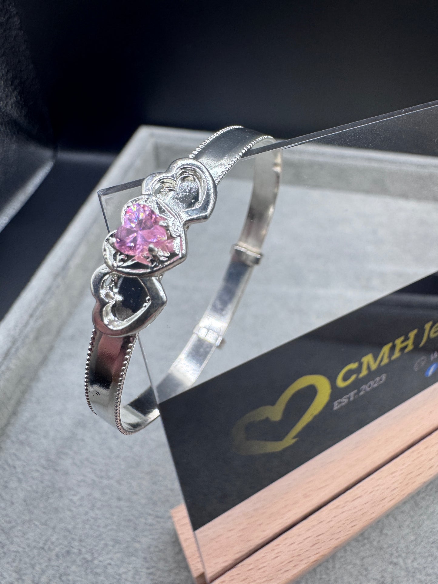 Sterling Silver Baby/Childs Pink Cz Heart Bangle