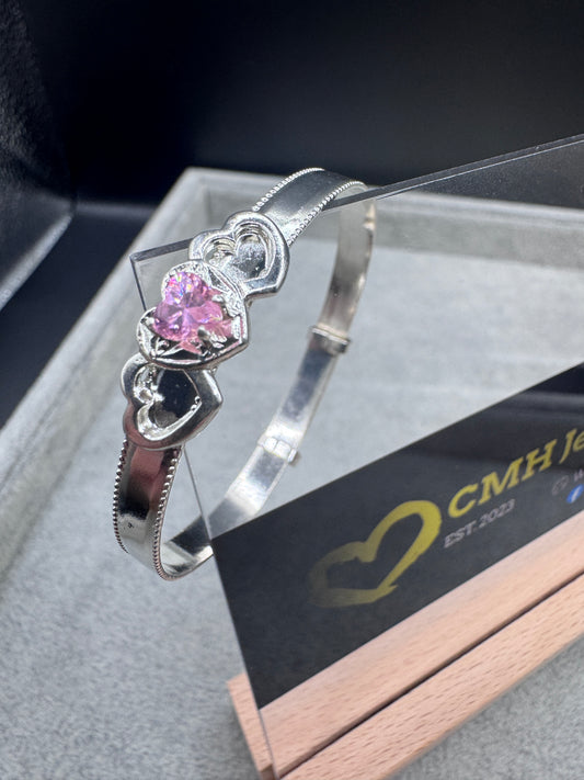 Sterling Silver Baby/Childs Pink Cz Heart Bangle