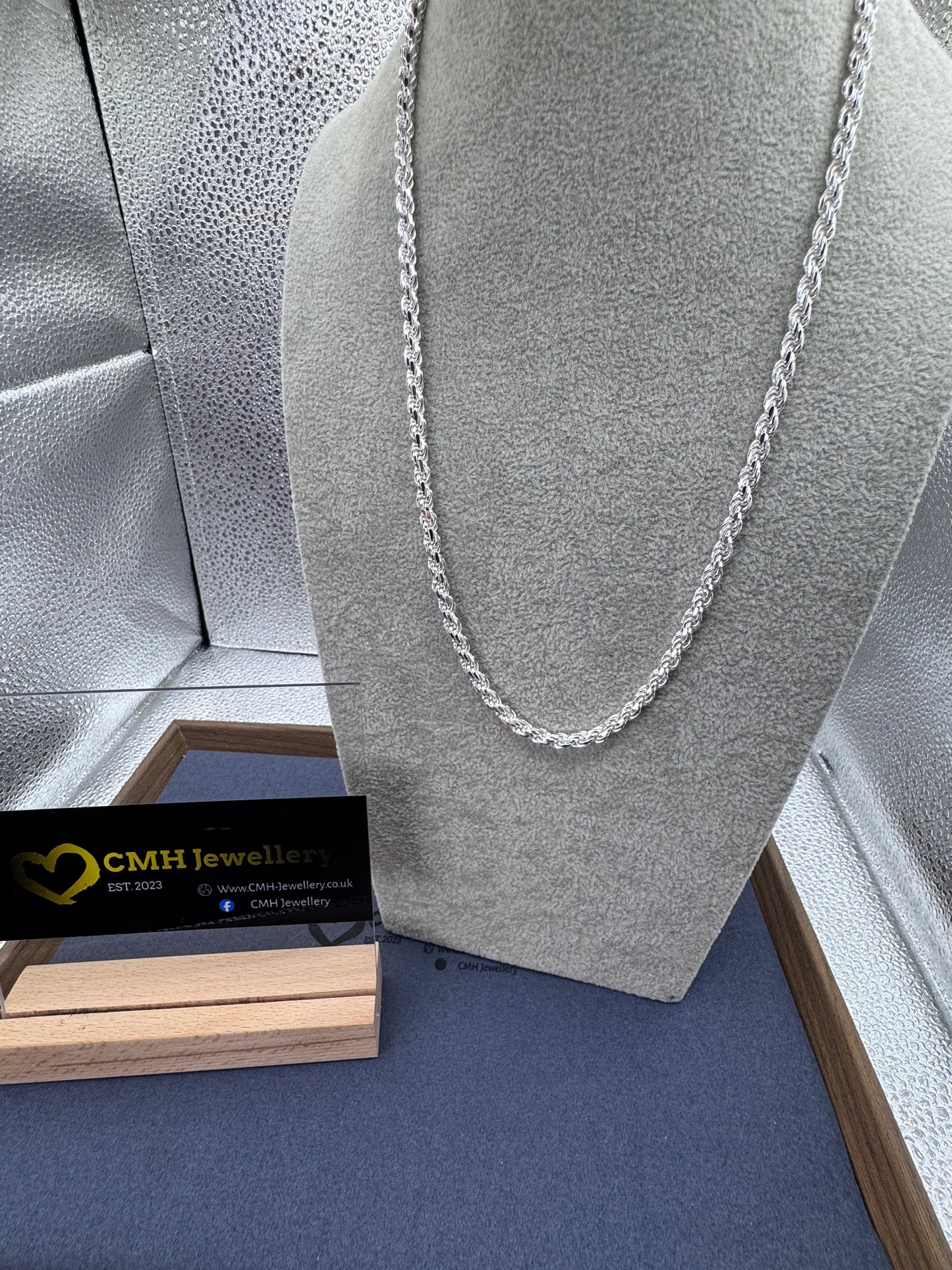 Sterling Silver Diamond Cut Rope Chain Necklace 5mm