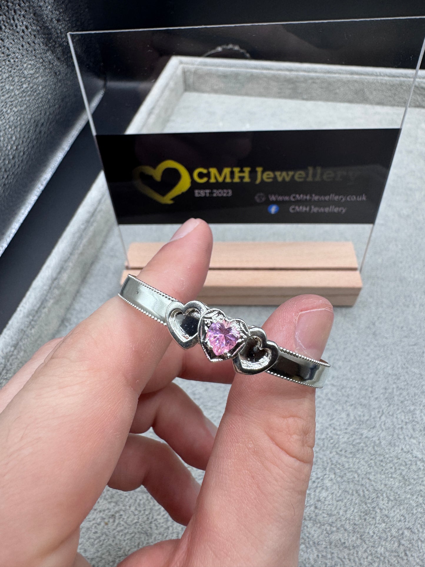 Sterling Silver Baby/Childs Pink Cz Heart Bangle