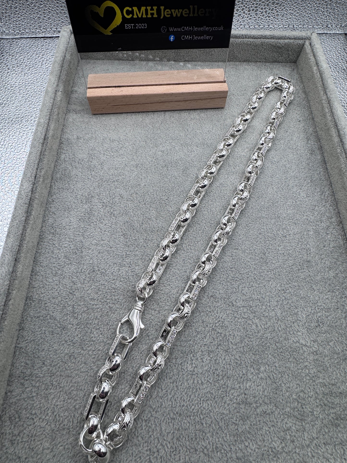 Sterling Silver Large CZ Gypsy Link Chain 13mm