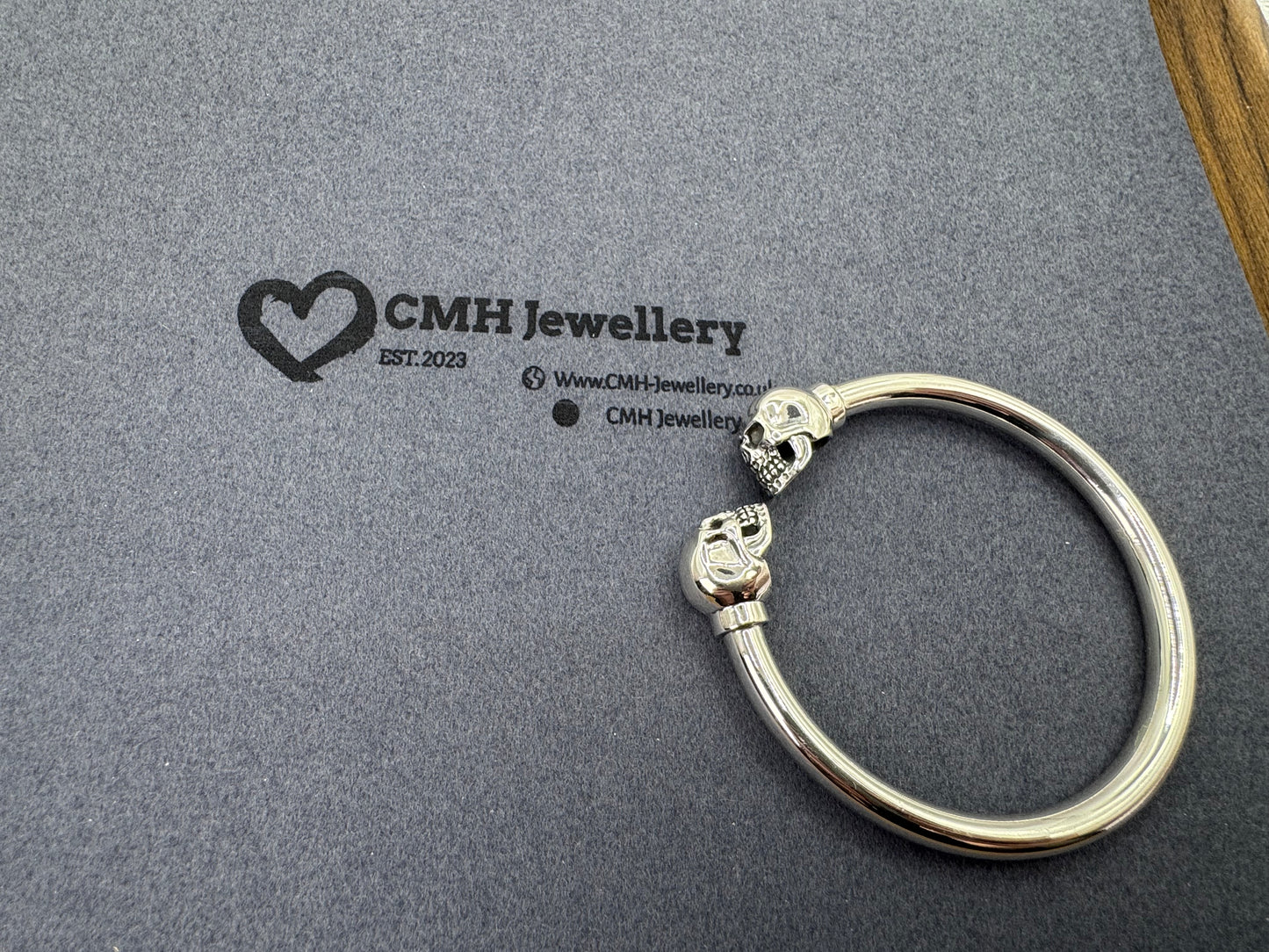 Sterling Silver Large Double Skull Bangle 61mm