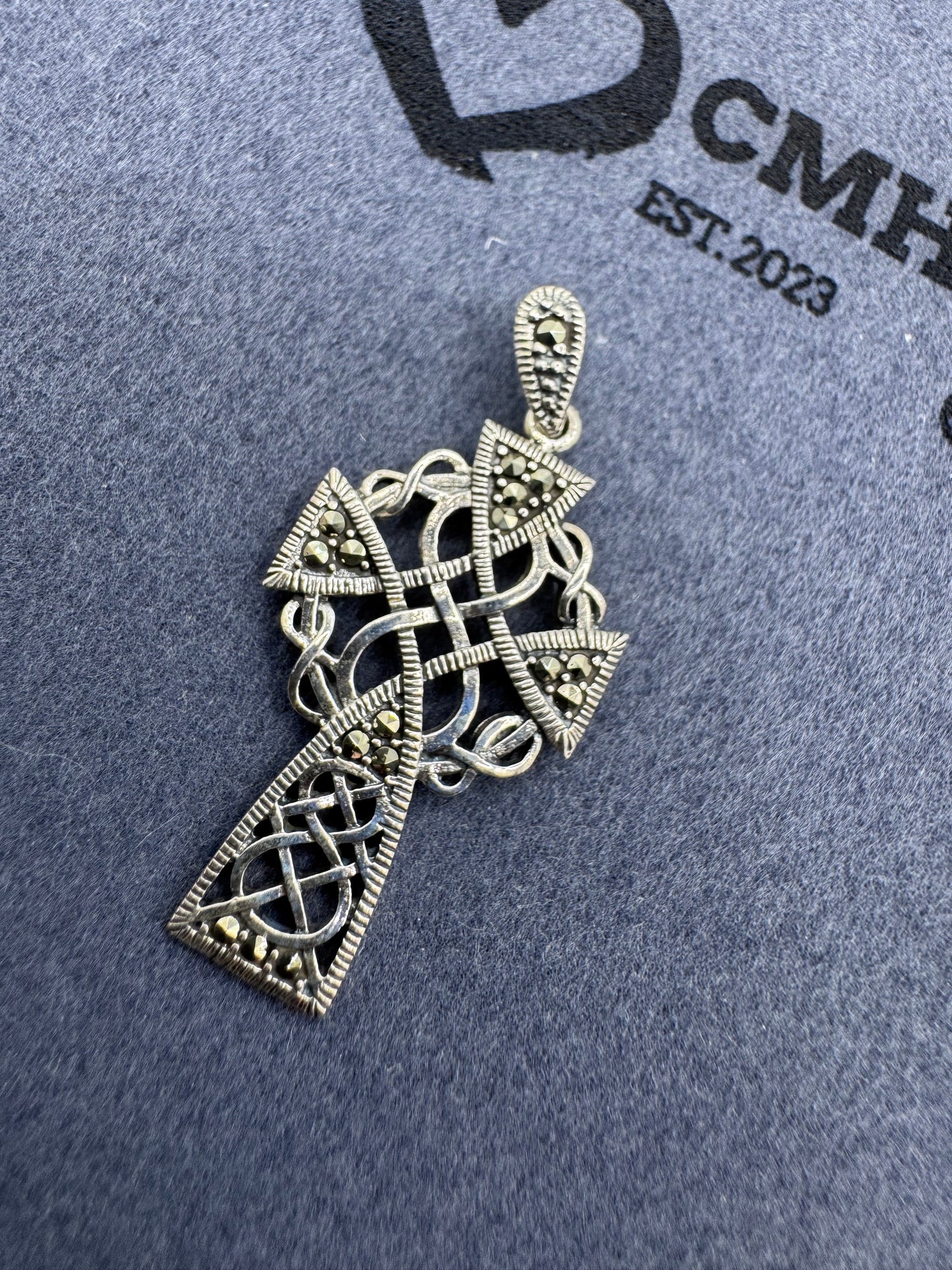 Sterling Silver Marcasite Cross w/Black CZ 38.5mm