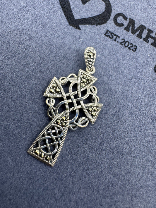 Sterling Silver Marcasite Cross w/Black CZ 38.5mm