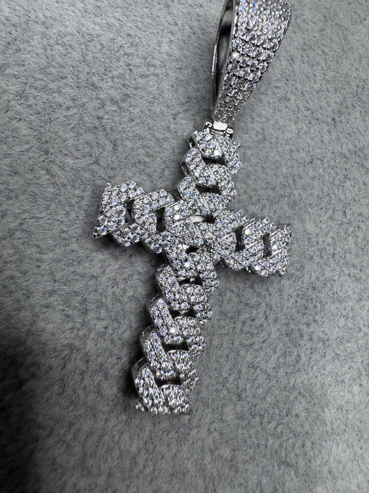 Sterling Silver CZ Cuban Link Cross