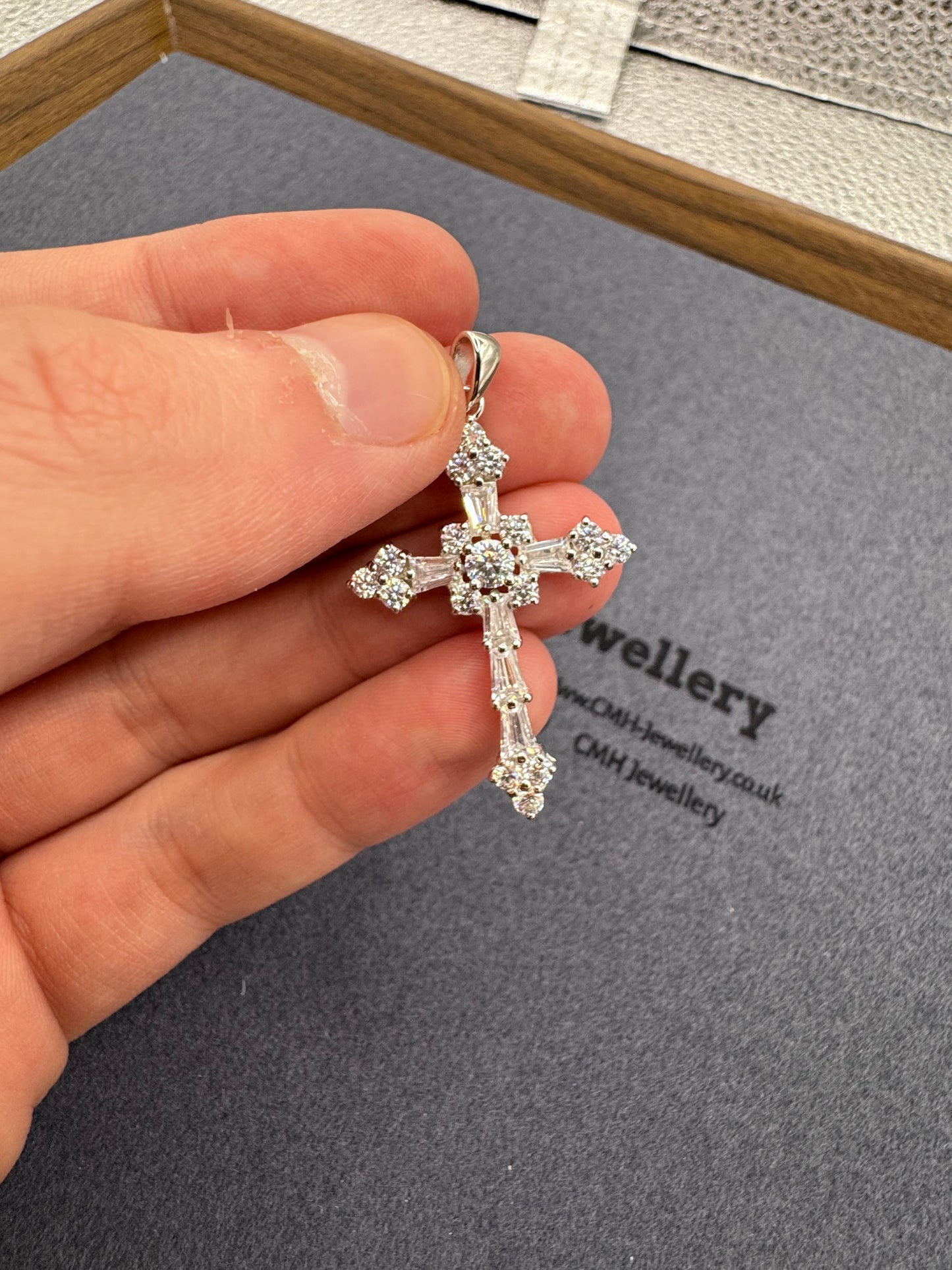 Sterling Silver Small Fancy CZ Cross Pendant 41.5mm