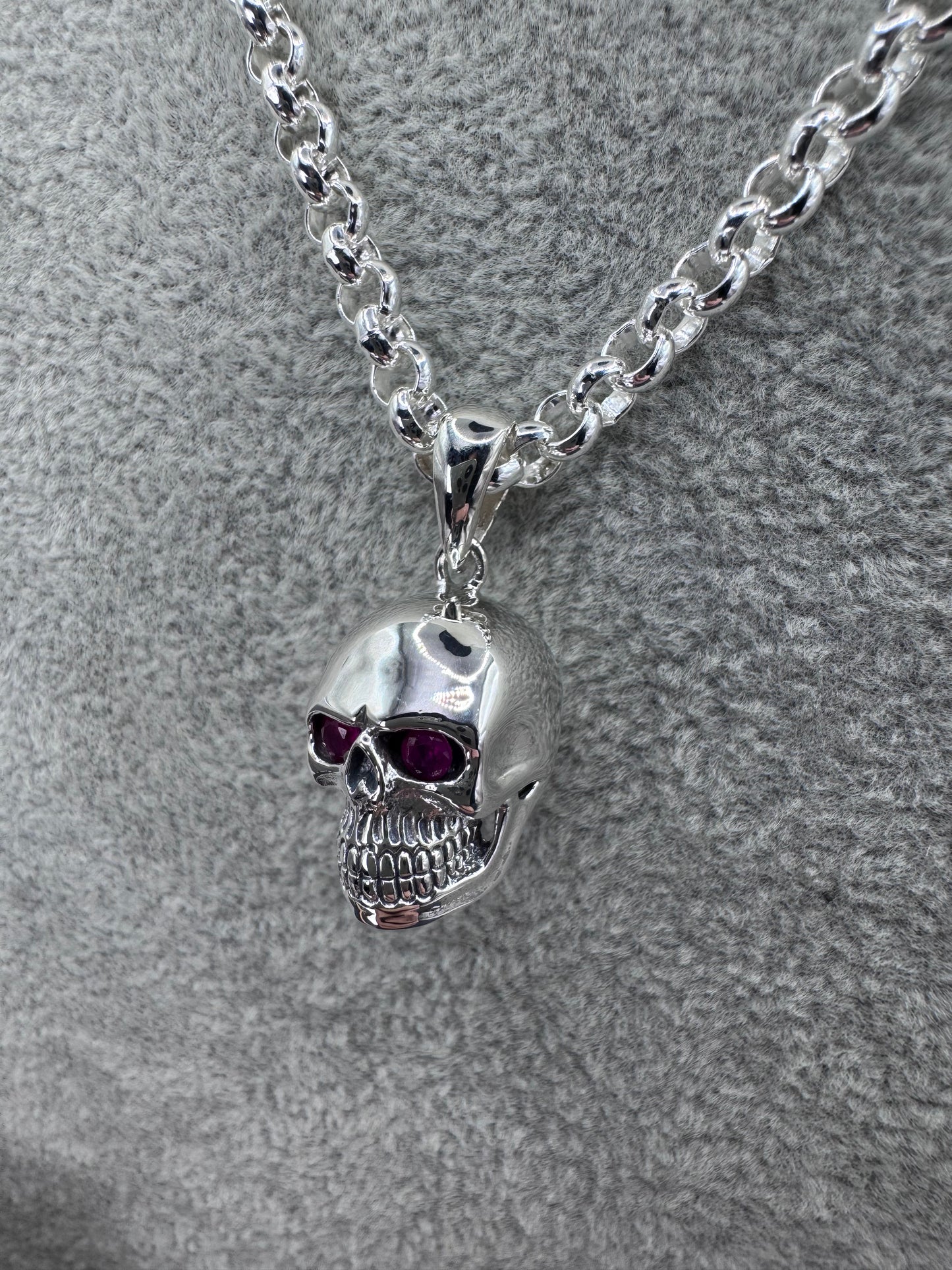 Sterling Silver Skull Pendant w/ Ruby Eyes