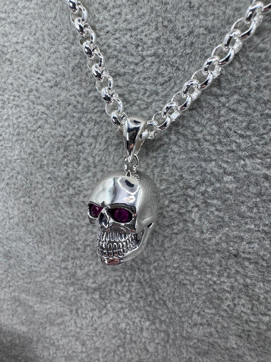 Sterling Silver Skull Pendant w/ Ruby Eyes