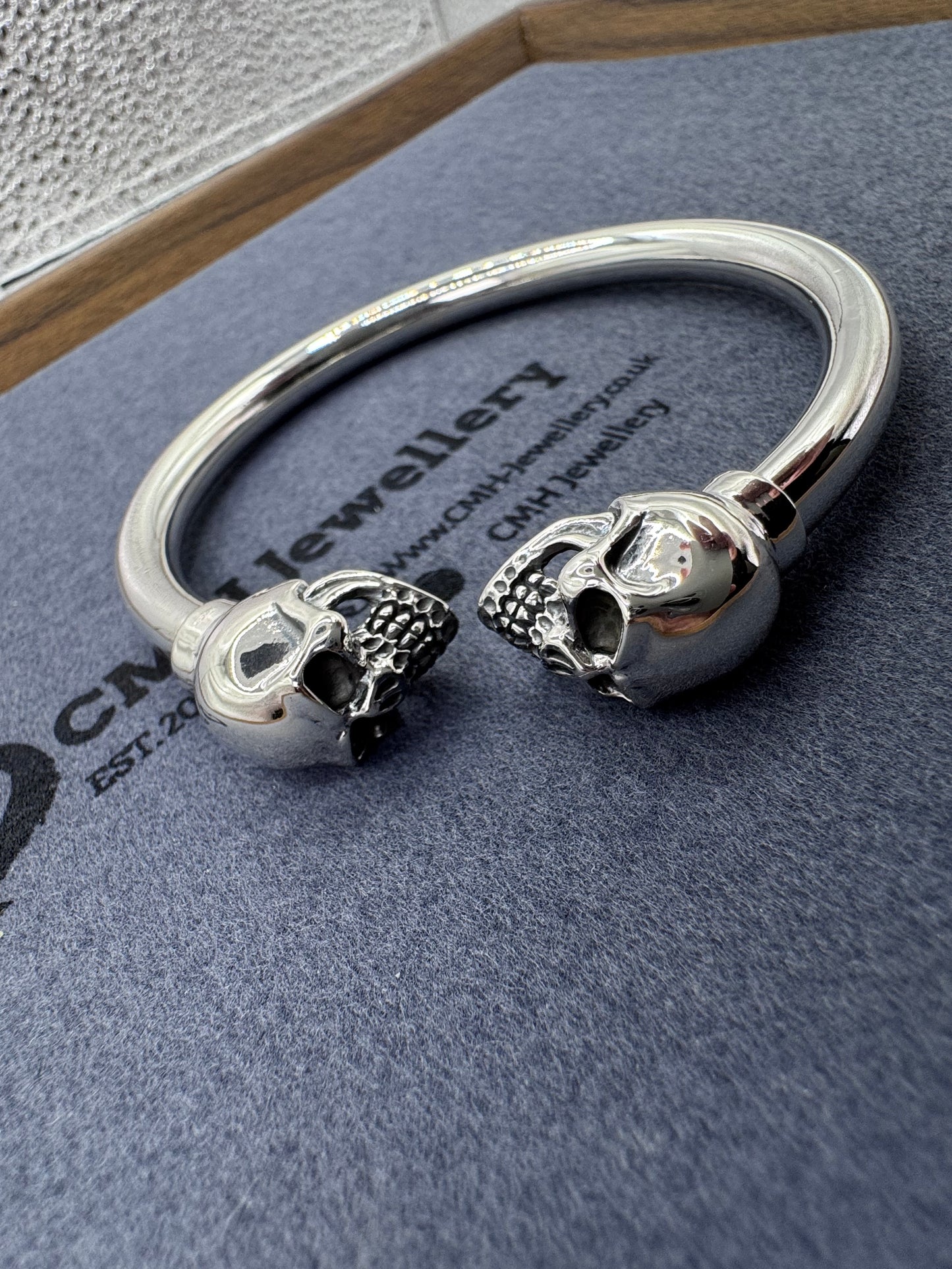 Sterling Silver Large Double Skull Bangle 61mm