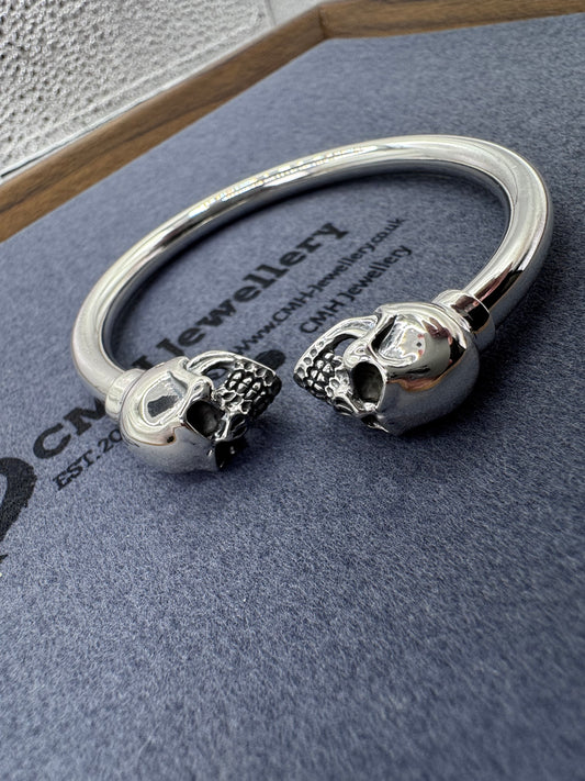 Sterling Silver Large Double Skull Bangle 61mm