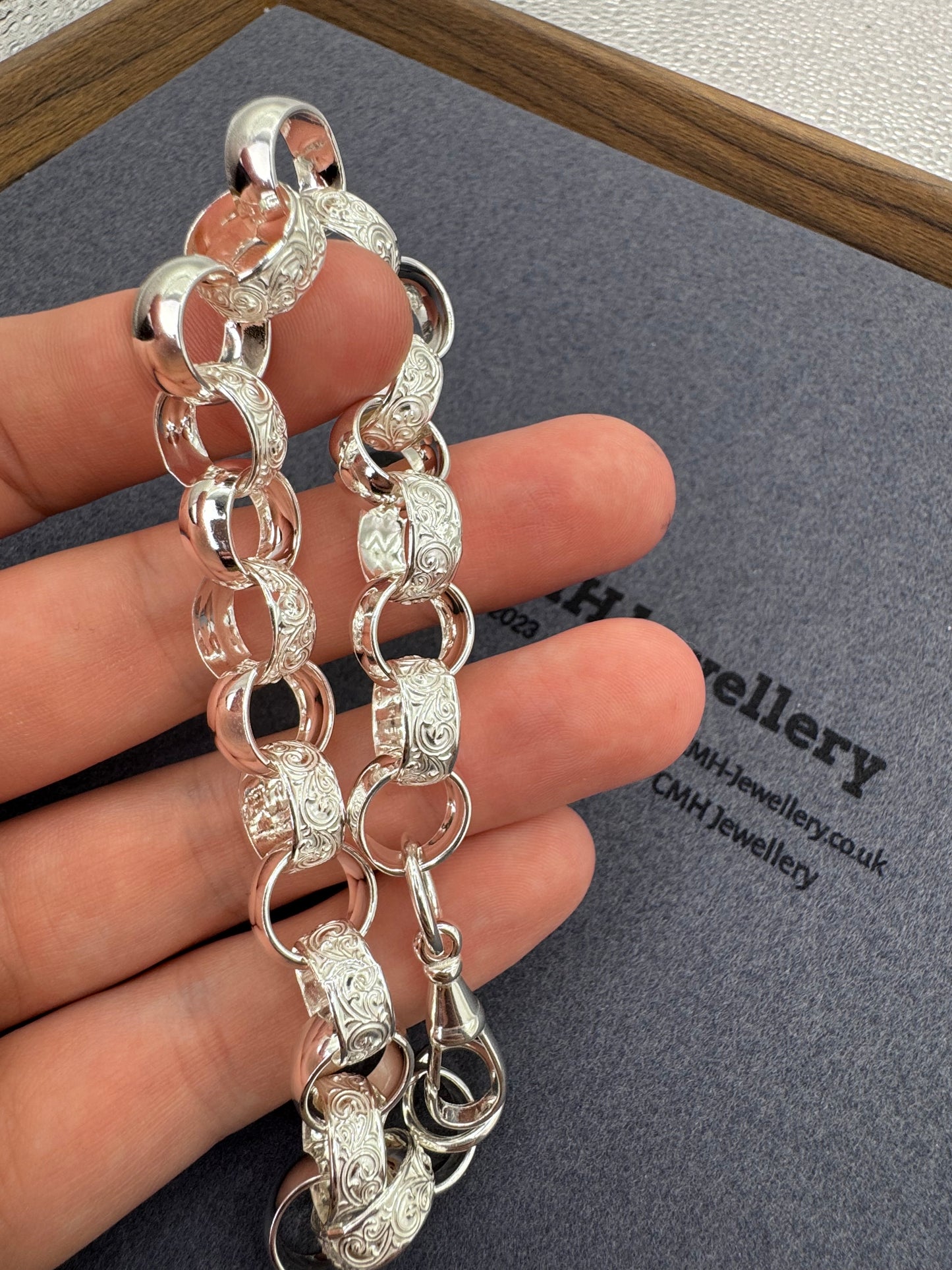 Sterling Silver Lightweight Patterned Belcher Bracelet 12mm