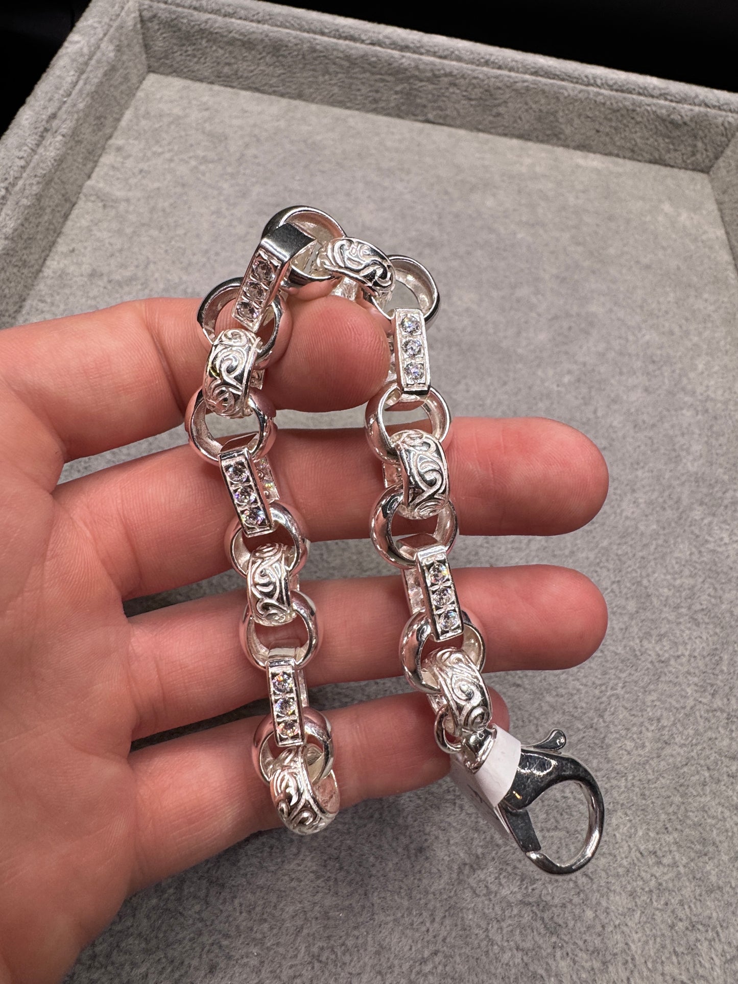 Sterling silver CZ Gypsy link belcher bracelet