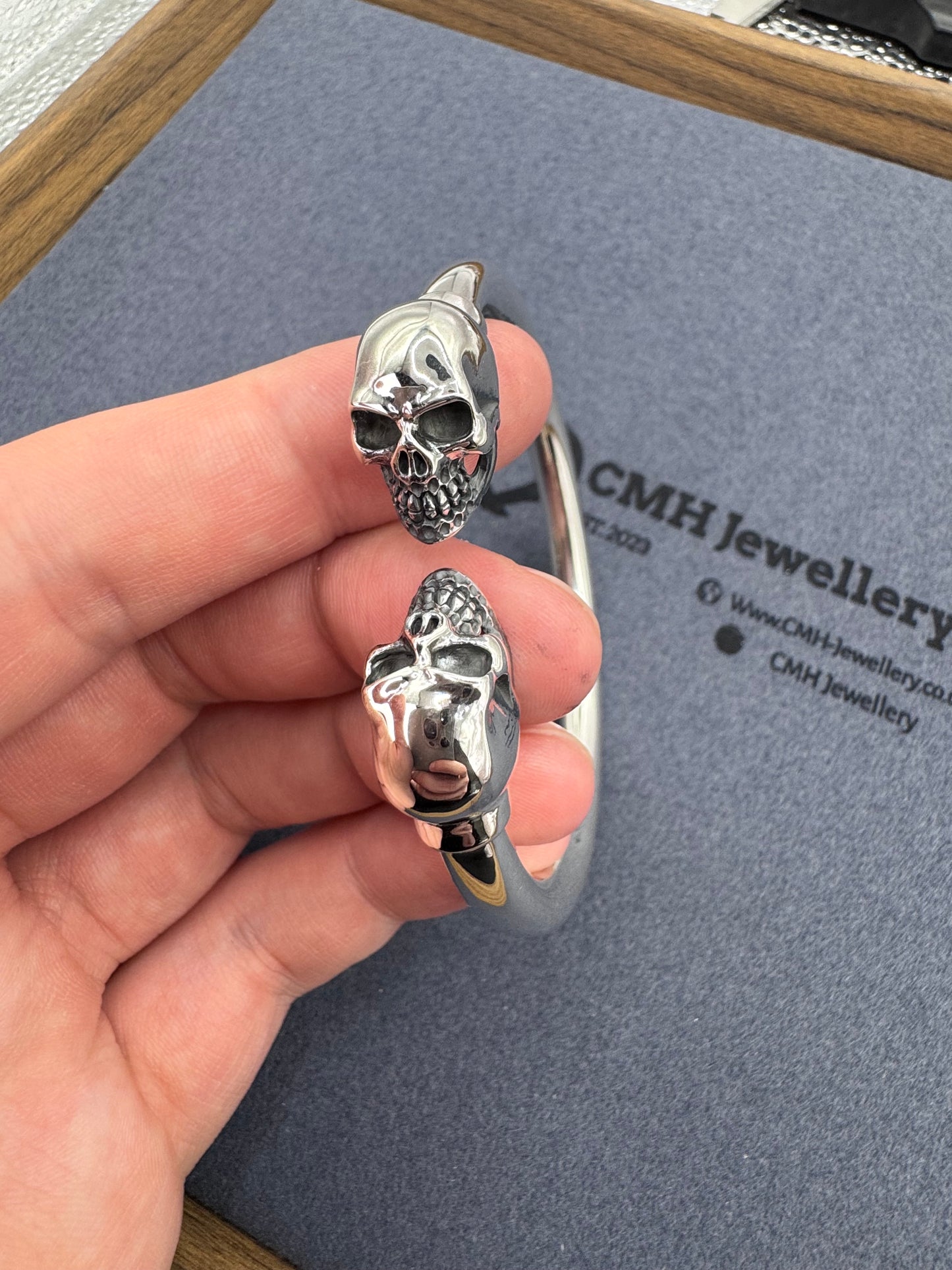 Sterling Silver Large Double Skull Bangle 61mm