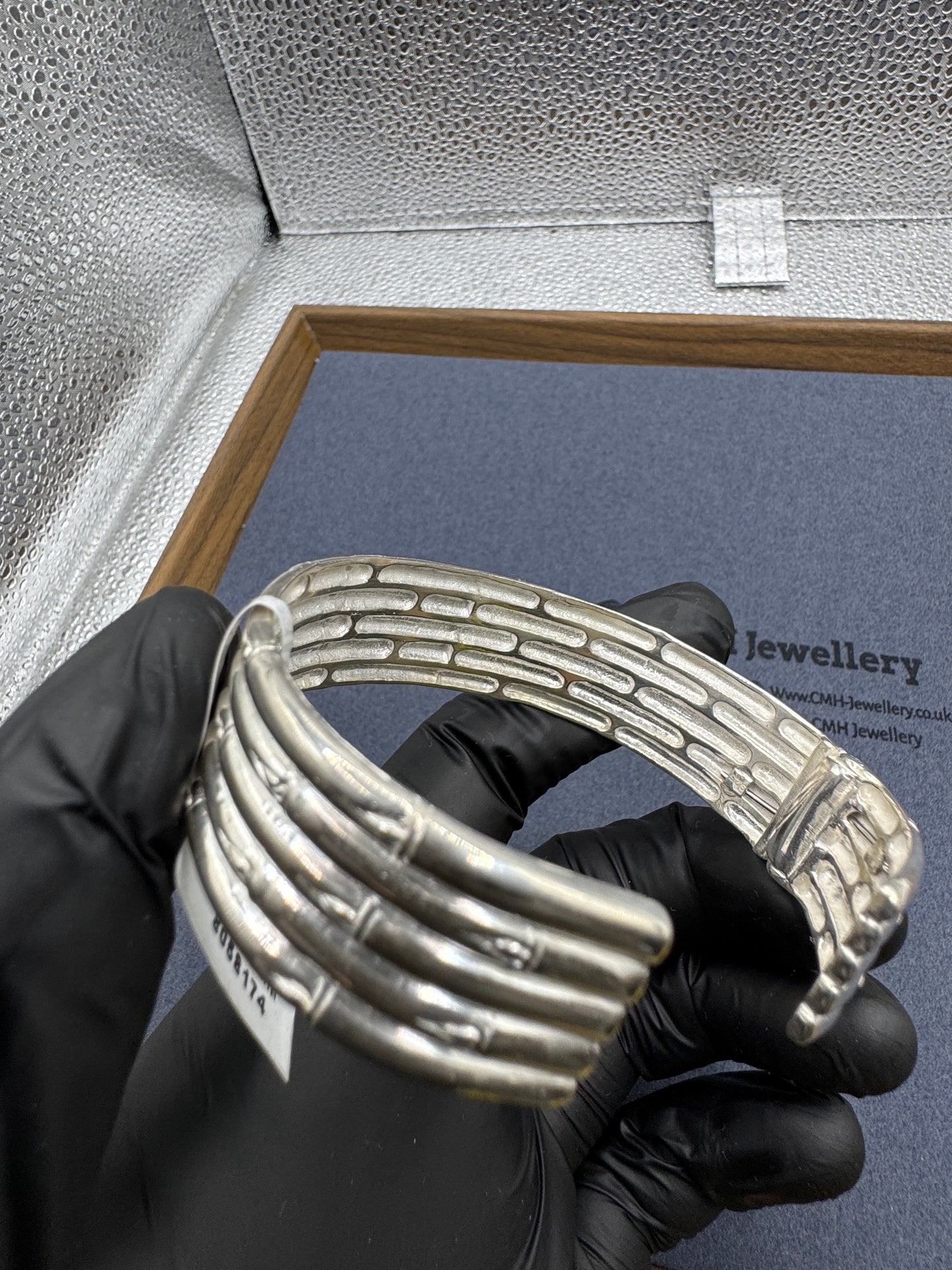 Sterling Silver Bamboo Pattern Cuff Bangle 18.5mm